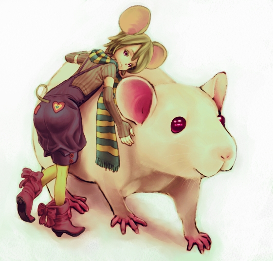 yugume, original, animal, animal ears, blonde hair, boots, detached sleeves, hug, mini person, minigirl, mouse (animal), mouse ears, overalls, pantyhose, pink eyes, red eyes, scarf, short hair, solo, tail