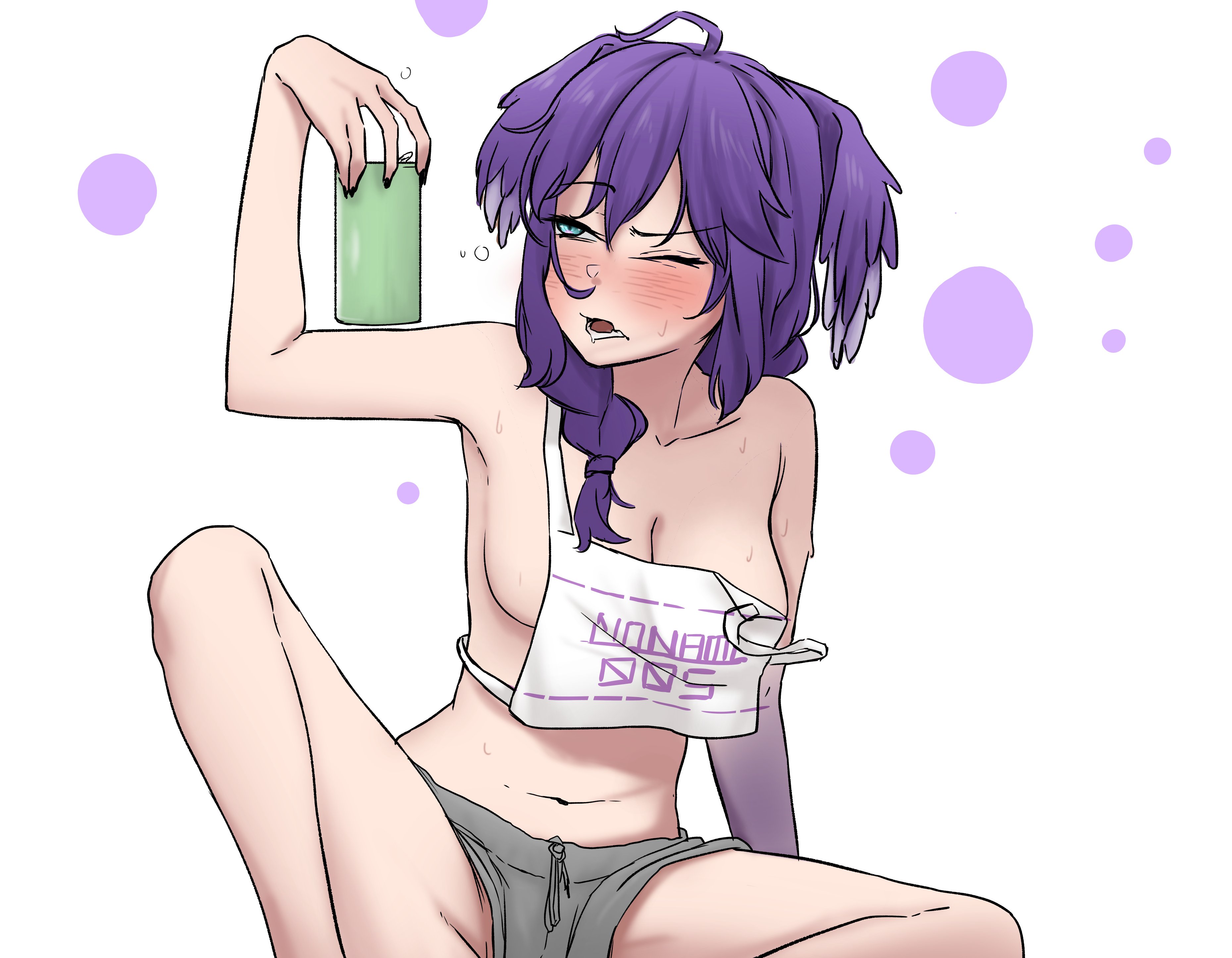 yarashi thought, selen tatsuki, nijisanji, nijisanji en, absurdres, highres, 1girl, ahoge, alcohol, arm up, asymmetrical arms, bare shoulders, black nails, blue eyes, blush, braid, breasts, bubble, can, cleavage, collarbone, dotted background, dragon girl, drink can, drunk, fang, grey shorts, half-closed eye, head wings, holding, holding can, looking at object, medium breasts, medium hair, nail polish, navel, no bra, one eye closed, open mouth, purple hair, purple wings, race bib, short shorts, shorts, sideboob, simple background, single braid, sitting, skin fang, solo, strap slip, sweat, teeth, virtual youtuber, white background, wings