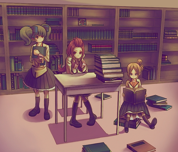yugume, original, blonde hair, book, bookshelf, desk, green hair, hair ribbon, library, red hair, ribbon, school uniform, socks, twintails