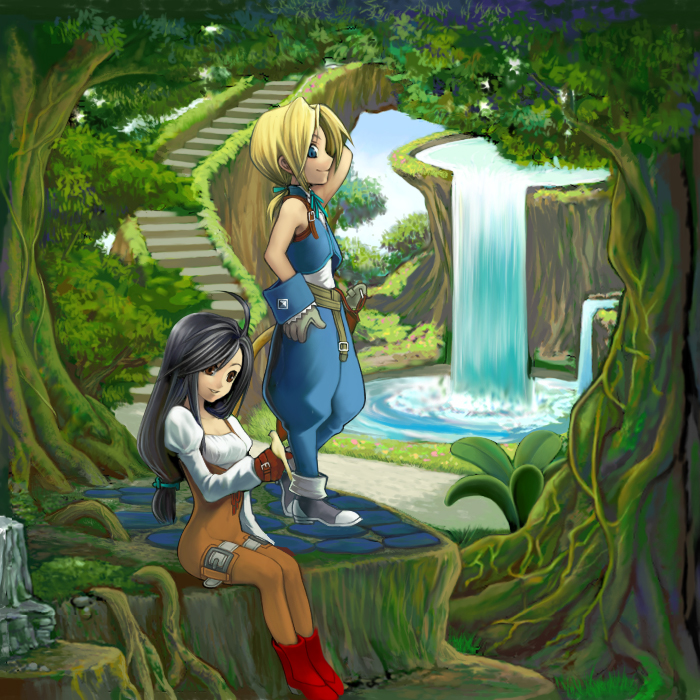 chimachi, garnet til alexandros xvii, zidane tribal, final fantasy, final fantasy ix, bad id, bad pixiv id, 00s, 1boy, 1girl, bird, bird on hand, black hair, blonde hair, blue eyes, bodysuit, brown eyes, long hair, low-tied long hair, nature, smile, stairs, tail, water, waterfall