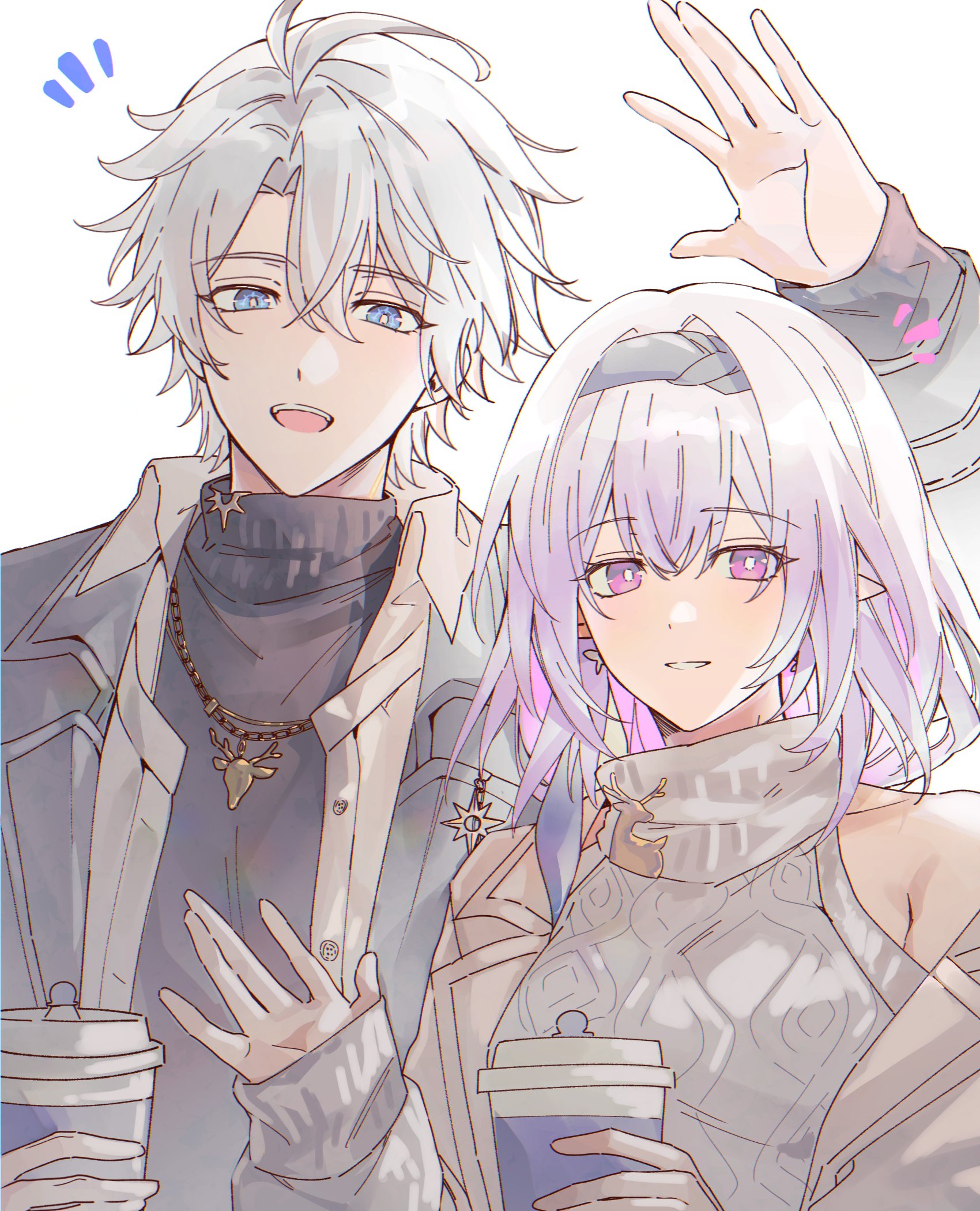 castorice (honkai: star rail), castorice (luckin coffee) (honkai: star rail), phainon (honkai: star rail), phainon (luckin coffee) (honkai: star rail), honkai: star rail, honkai (series), commentary request, highres, 1boy, 1girl, antenna hair, arm up, black sweater, blue coat, blue eyes, brown coat, clothing cutout, coat, cup, disposable coffee cup, disposable cup, hair between eyes, hairband, hand up, holding, holding cup, jewelry, kyo uuuka, long hair, looking at viewer, necklace, official alternate costume, open clothes, open coat, open mouth, open shirt, parted lips, pointy ears, purple eyes, purple hair, shirt, short hair, shoulder cutout, simple background, sleeves past wrists, smile, sweater, turtleneck, turtleneck sweater, upper body, waving, white background, white hair, white shirt, white sweater