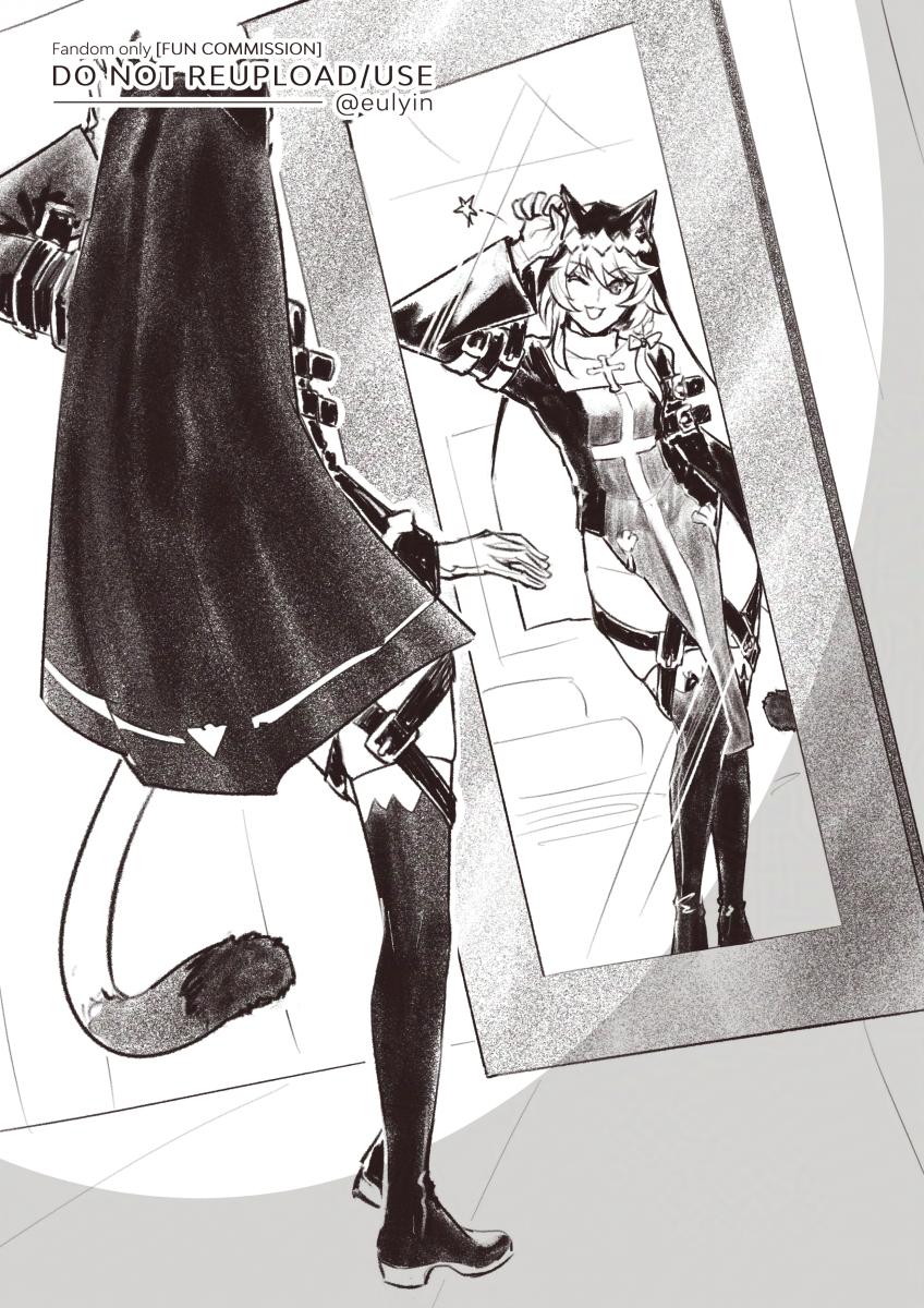 eulyin huan, cipher (honkai: star rail), kallen kaslana, honkai: star rail, honkai (series), honkai impact 3rd, commentary, commission, english commentary, highres, 1girl, alternate costume, animal ears, animal hood, black hood, cat ears, cat tail, cosplay, greyscale, hood, kallen kaslana (cosplay), monochrome, nun, one eye closed, pelvic curtain, solo, star (symbol), tail