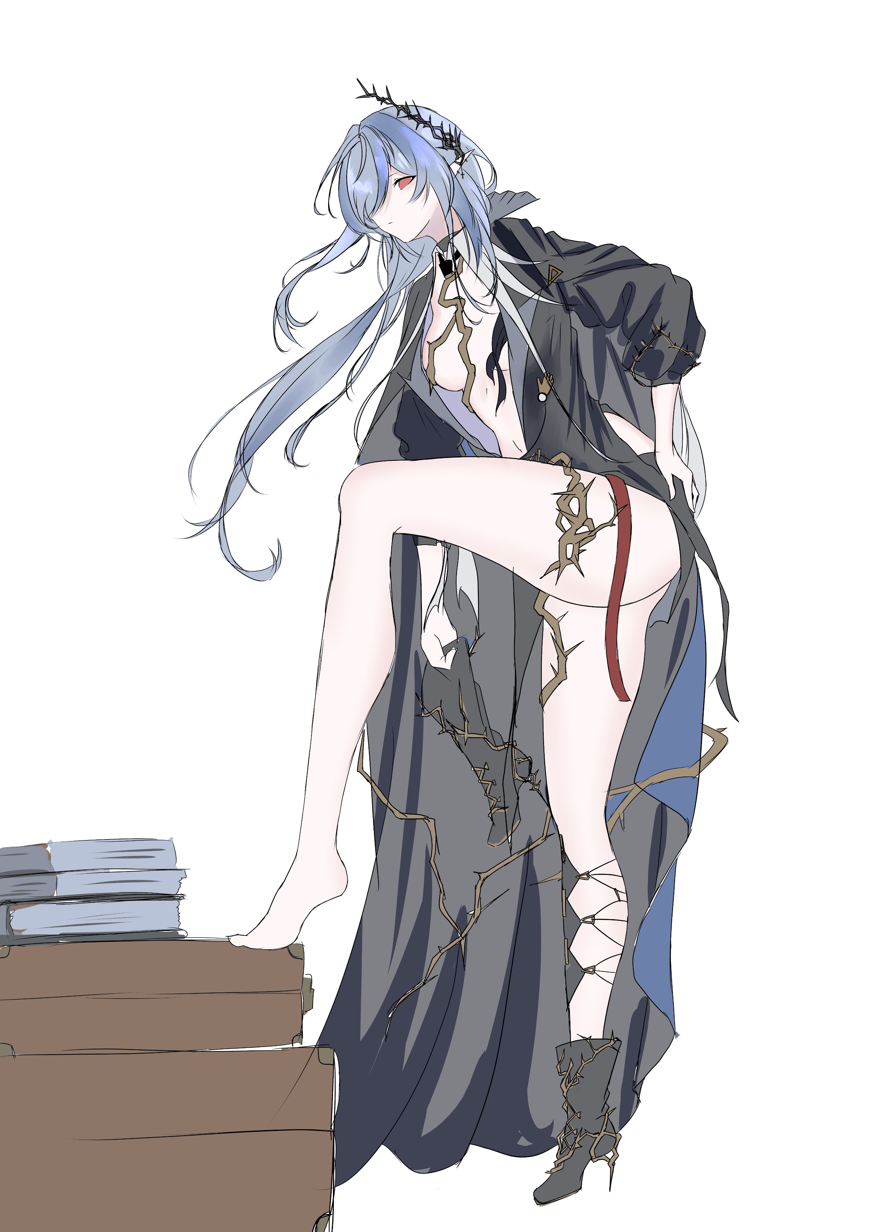 furaide, gladiia (arknights), arknights, absurdres, highres, 1girl, ass, blue hair, full body, long hair, pointy ears, red eyes, simple background, solo, thighs, very long hair, white background