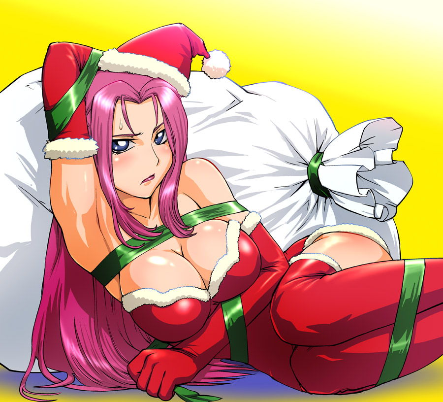 ueyama michirou, cornelia li britannia, code geass, 00s, 1girl, armpits, bag, blue eyes, blush, boots, breasts, christmas, cleavage, elbow gloves, female focus, gloves, hat, large breasts, lipstick, long hair, makeup, mini hat, mini santa hat, pink hair, red gloves, ribbon, sack, santa costume, santa hat, solo, thigh boots, thighhighs
