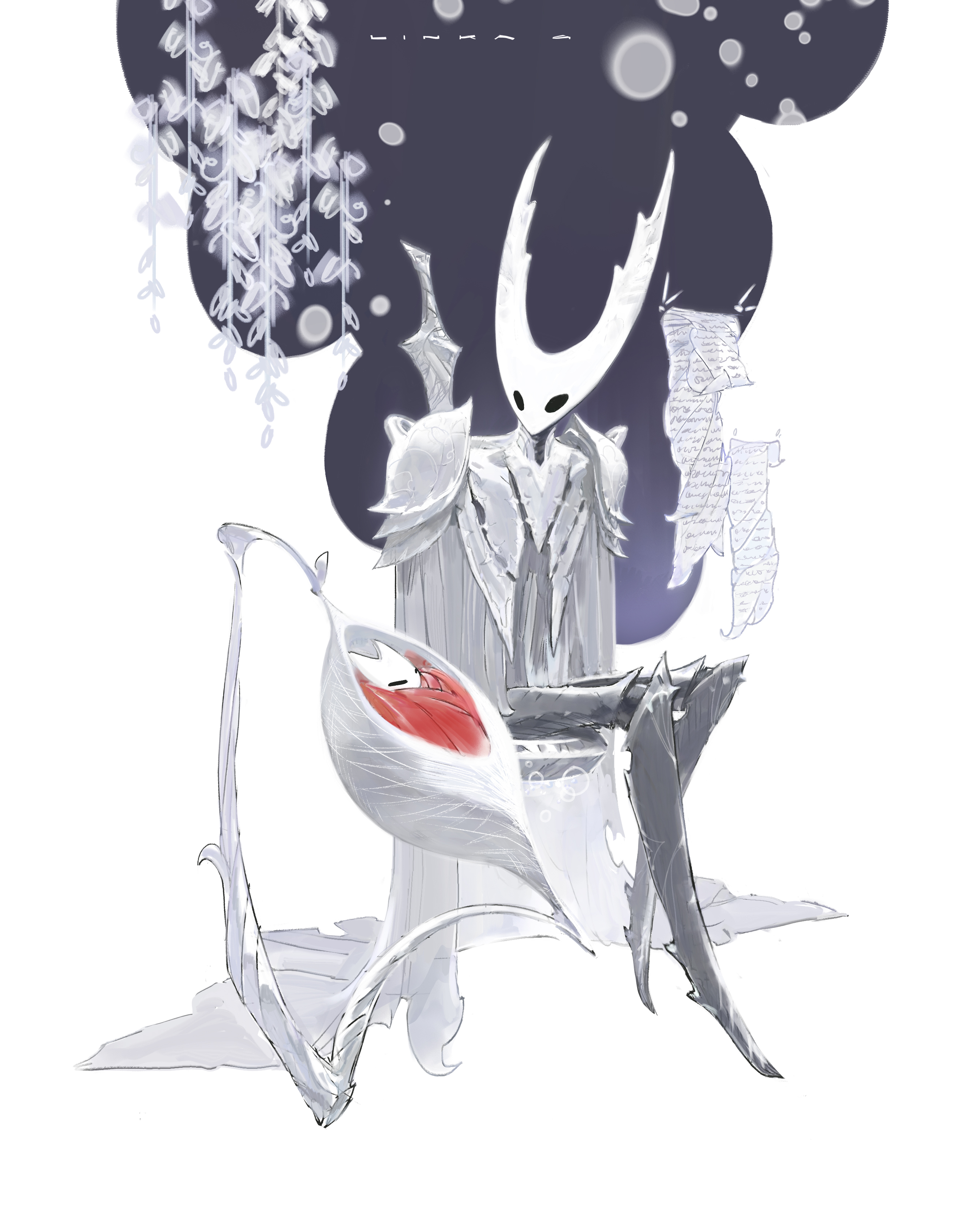 hollow knight (character), hornet (hollow knight), hollow knight, absurdres, commentary, english commentary, highres, 1girl, 1other, aged down, armor, arthropod girl, arthropod limbs, baby, grey cloak, horned mask, mask, nail (hollow knight), pure vessel, rungapikattohikattara, shoulder armor, sitting, weapon, weapon on back, white mask