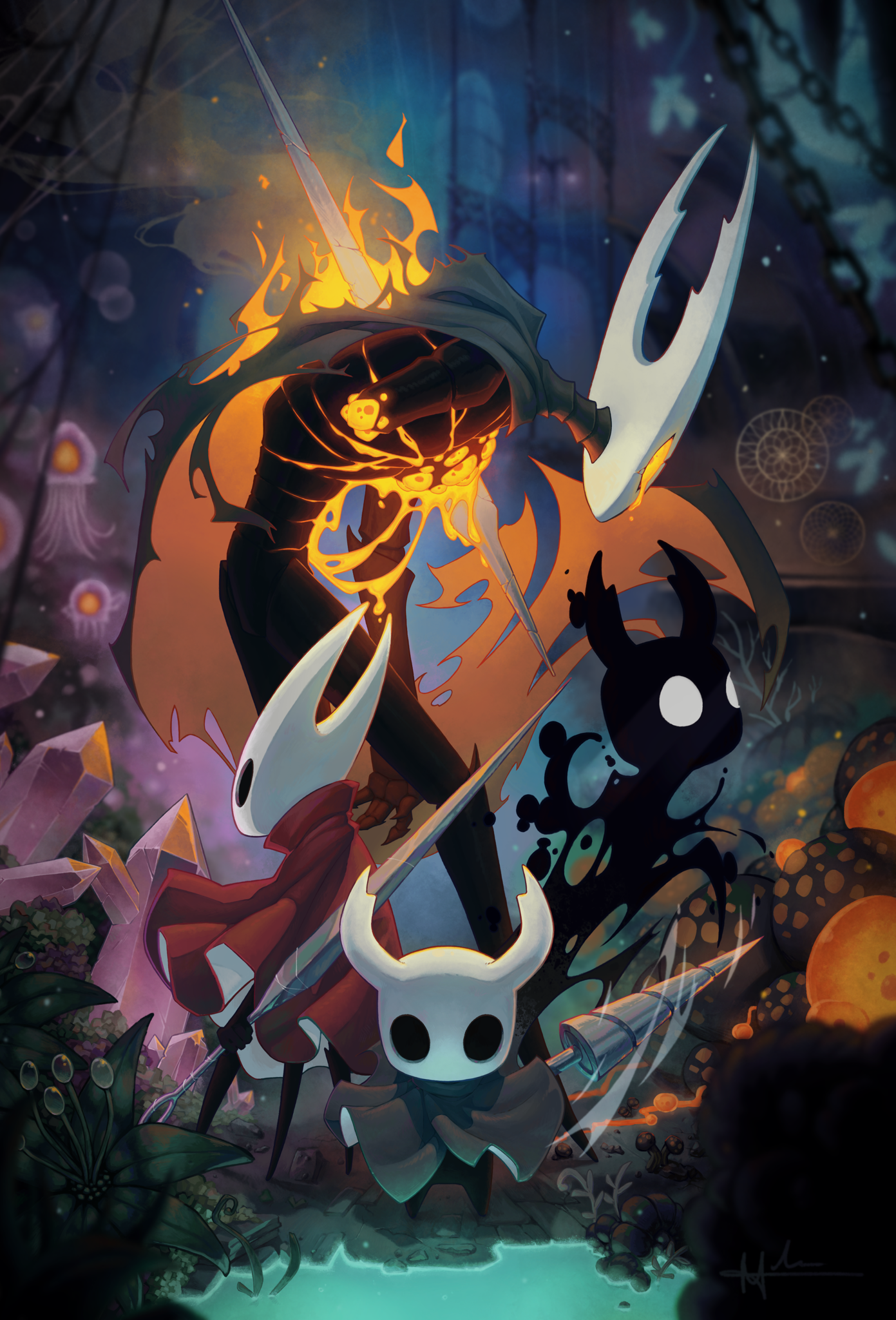 hollow knight (character), hornet (hollow knight), knight (hollow knight), ooma (hollow knight), shade (hollow knight), uoma (hollow knight), hollow knight, commentary, english commentary, highres, making-of available, 1girl, 3others, amputee, arthropod girl, black skin, coiled nail (hollow knight), colored skin, corruption, crystal, floating, grey cloak, holding, holding weapon, hollow eyes, horned mask, impaled, jellyfish, mask, mintteaink, multiple others, nail (hollow knight), needle (hollow knight), thread, weapon, white mask