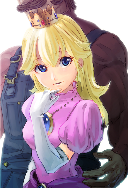 yahako, mario, princess peach, mario (series), nintendo, bad id, bad pixiv id, 1boy, 1girl, blonde hair, blue eyes, crown, elbow gloves, food, gloves, head out of frame, long hair, manly, muscular, white background