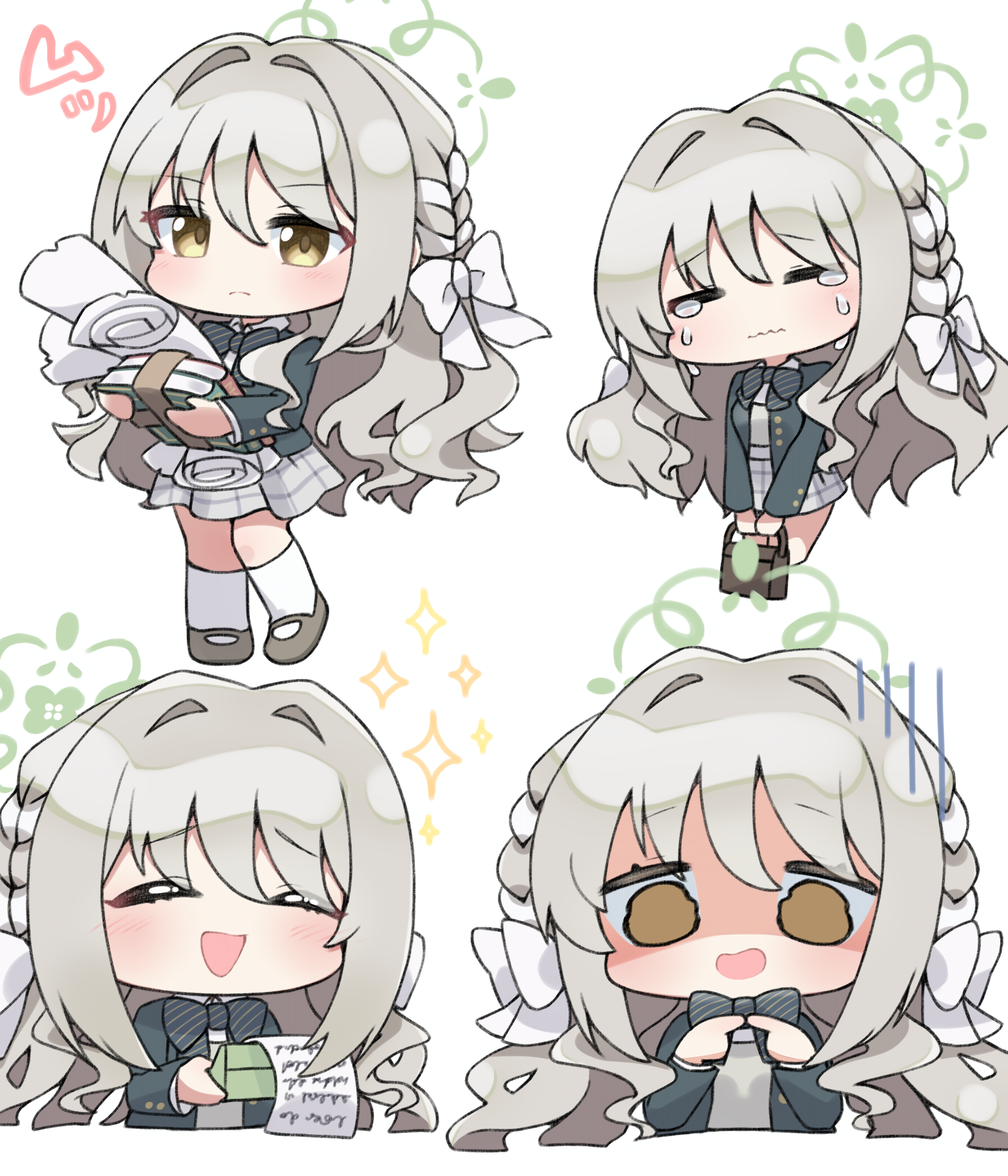 yuuhikureroom6, miyo (blue archive), blue archive, absurdres, commentary request, highres, 1girl, :d, = =, ^ ^, bag, blush, book, bow, bowtie, braid, brown hair, chibi, chibi only, closed eyes, closed mouth, cropped torso, crying, diagonal-striped bow, diagonal-striped bowtie, diagonal-striped clothes, frown, full body, green halo, green jacket, green vest, hair between eyes, hair bow, hair intakes, halo, holding, holding bag, holding book, index fingers together, jacket, kneehighs, long hair, long sleeves, looking ahead, looking down, multiple views, open clothes, open jacket, open mouth, school uniform, shaded face, side braids, simple background, smile, socks, sparkle, standing, striped bow, striped bowtie, striped clothes, upper body, v arms, very long hair, vest, wavy hair, wavy mouth, white background, white bow, white socks, writing, yellow eyes