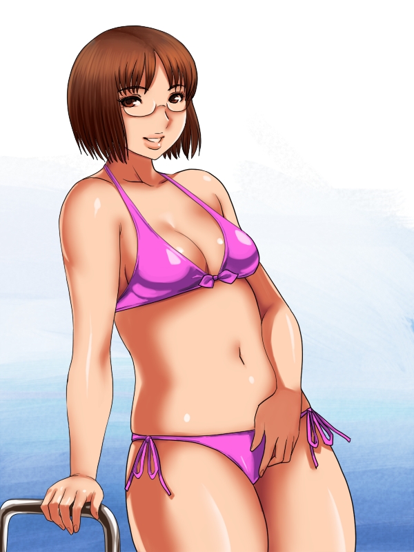 matoyama, 1girl, bikini, breasts, brown eyes, brown hair, cleavage, curvy, female focus, glasses, legs, lips, medium breasts, short hair, side-tie bikini bottom, smile, solo, swimsuit