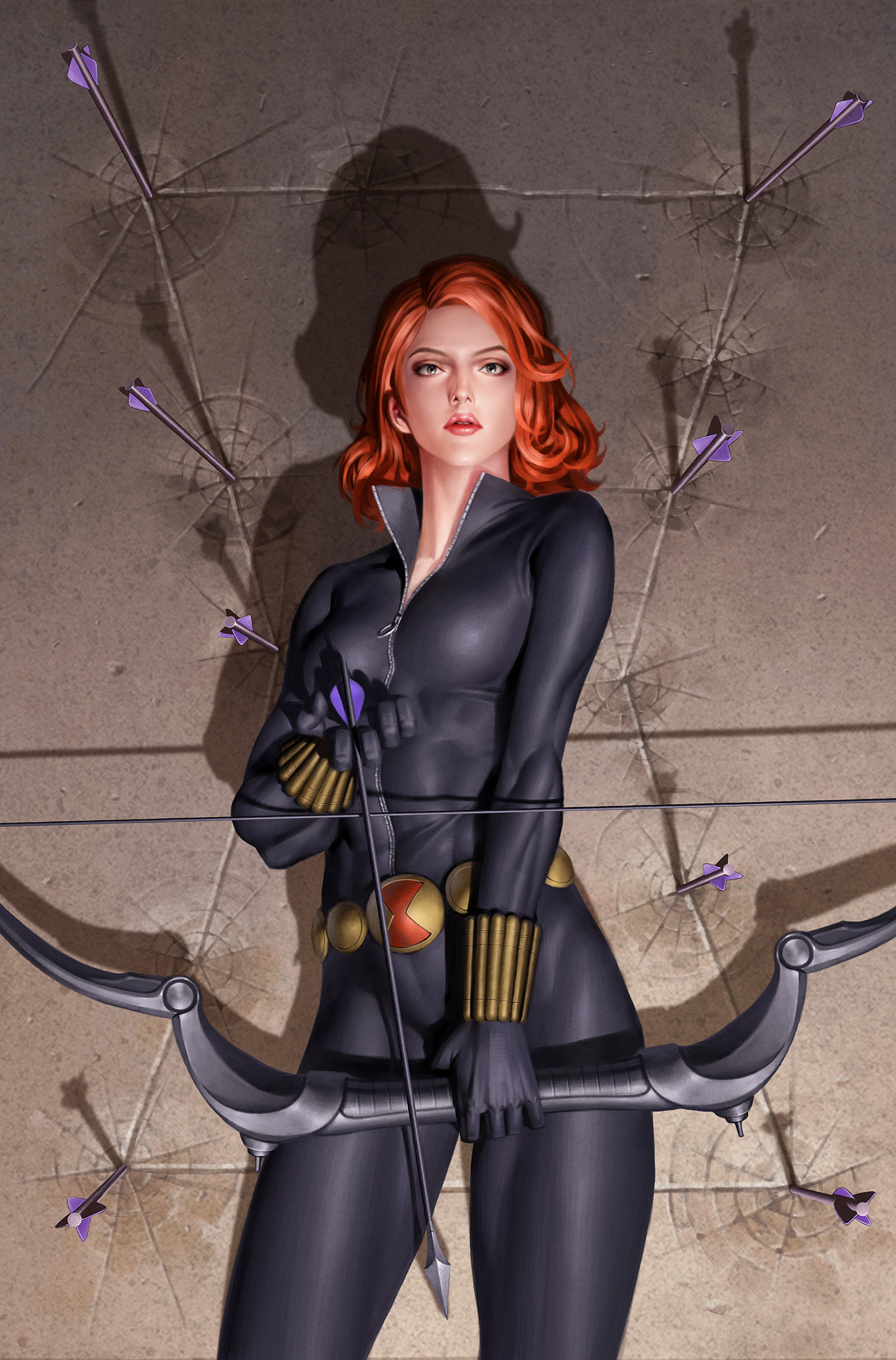 yoon junggeun, black widow, natasha romanoff, marvel, comic cover, commentary, english commentary, highres, official art, textless version, traditional media, 1girl, arrow (projectile), black bodysuit, bodysuit, bow (weapon), grey eyes, holding, holding arrow, holding bow (weapon), holding weapon, looking ahead, orange hair, parted lips, shadow, solo, superhero costume, weapon, zipper
