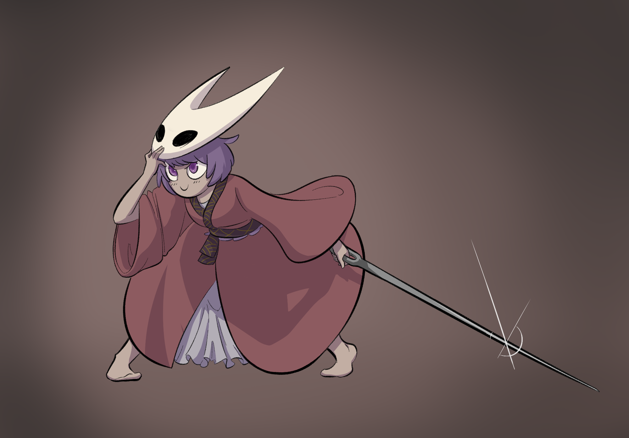 hornet (hollow knight), sukuna shinmyoumaru, hollow knight, touhou, commentary, hashtag-only commentary, highres, 1girl, azanny, barefoot, brown background, character mask, closed mouth, cosplay, glint, holding, holding needle, hornet (hollow knight) (cosplay), japanese clothes, kimono, long sleeves, mask, mask on head, needle, needle sword, obi, purple eyes, purple hair, red kimono, sash, smile, solo, white mask, wide sleeves