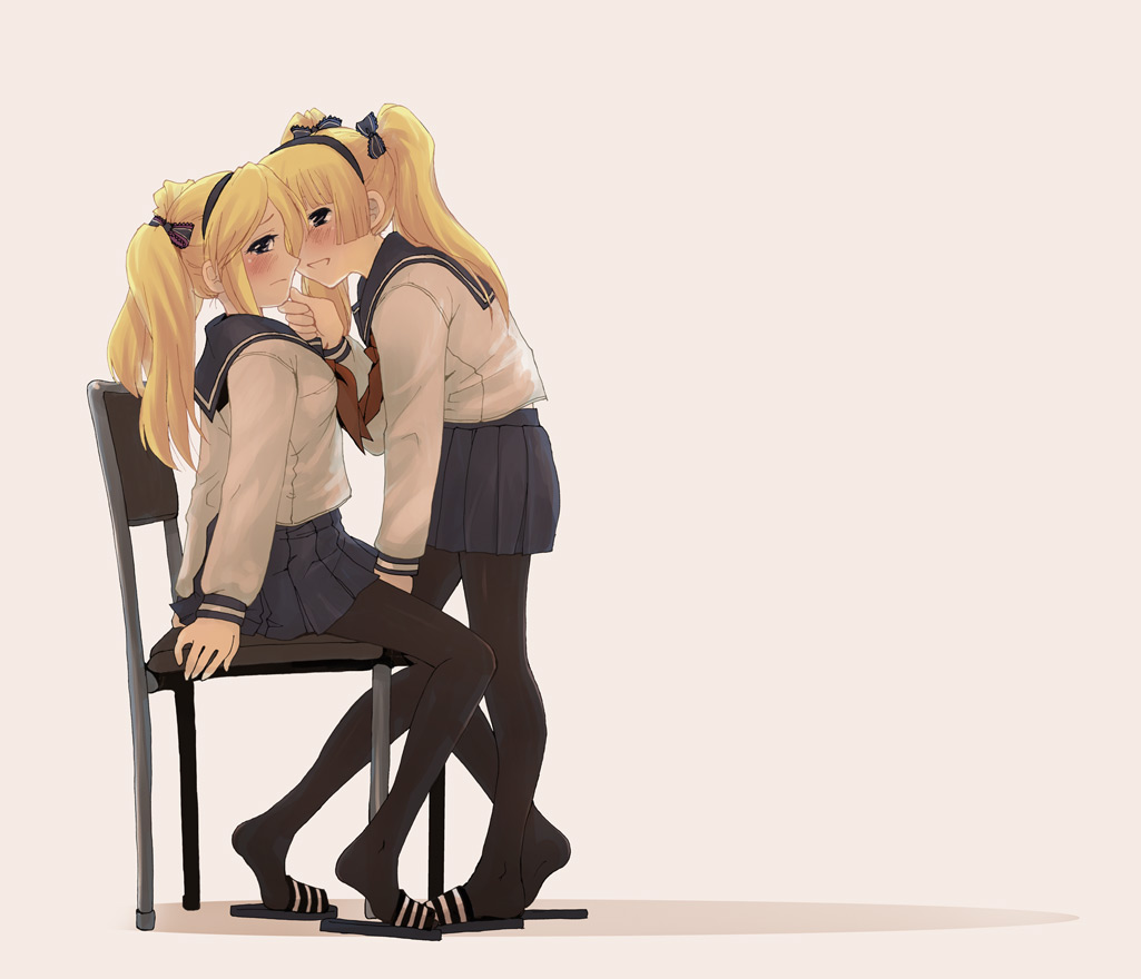 mk (mod0), hortense (sound horizon), violette (sound horizon), roman (sound horizon), sound horizon, 2girls, blonde hair, blush, grabbing another's chin, hand in skirt, hand on another's chin, hand under clothes, imminent kiss, incest, legs, multiple girls, pantyhose, ribbon, school uniform, serafuku, siblings, sisters, skirt, twincest, twins, twintails, yuri
