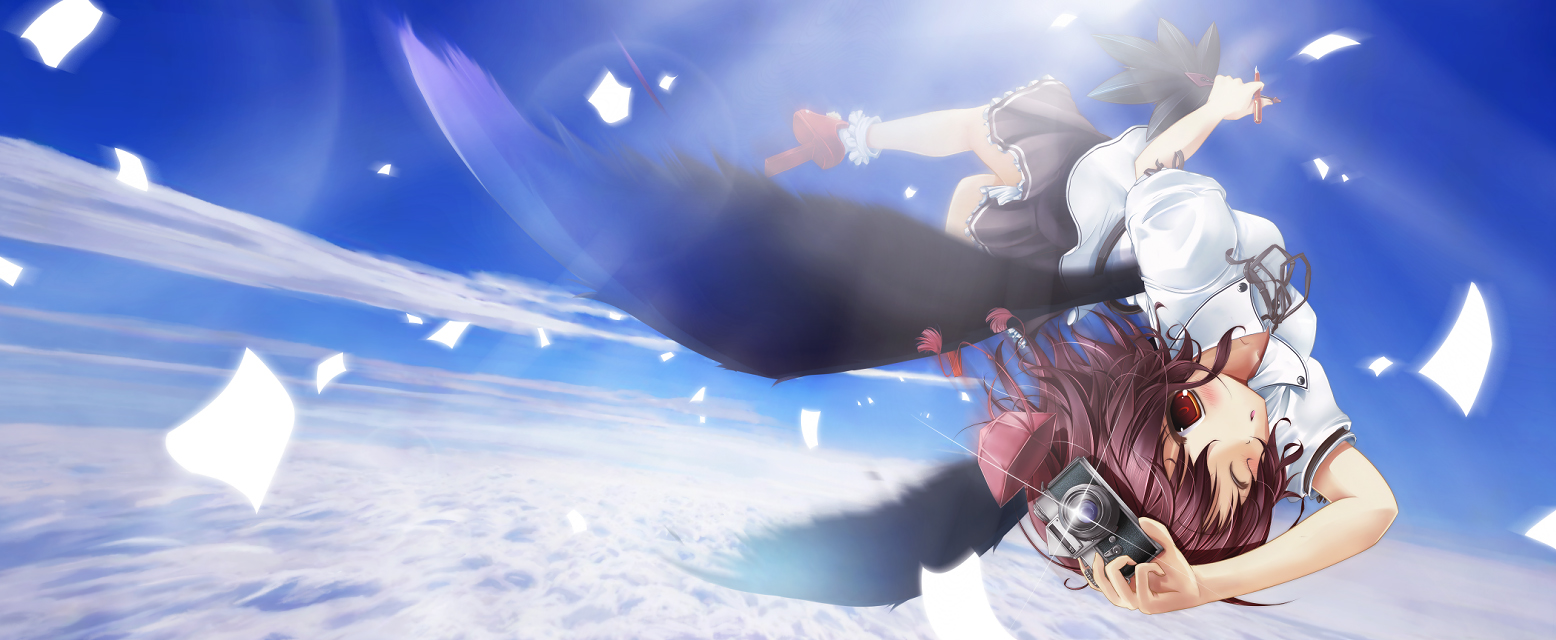 scarlet (studioscr), shameimaru aya, touhou, bad id, bad pixiv id, long image, wide image, 1girl, black wings, brown hair, camera, cloud, female focus, geta, looking at viewer, red eyes, short hair, sky, solo, tengu-geta, wings