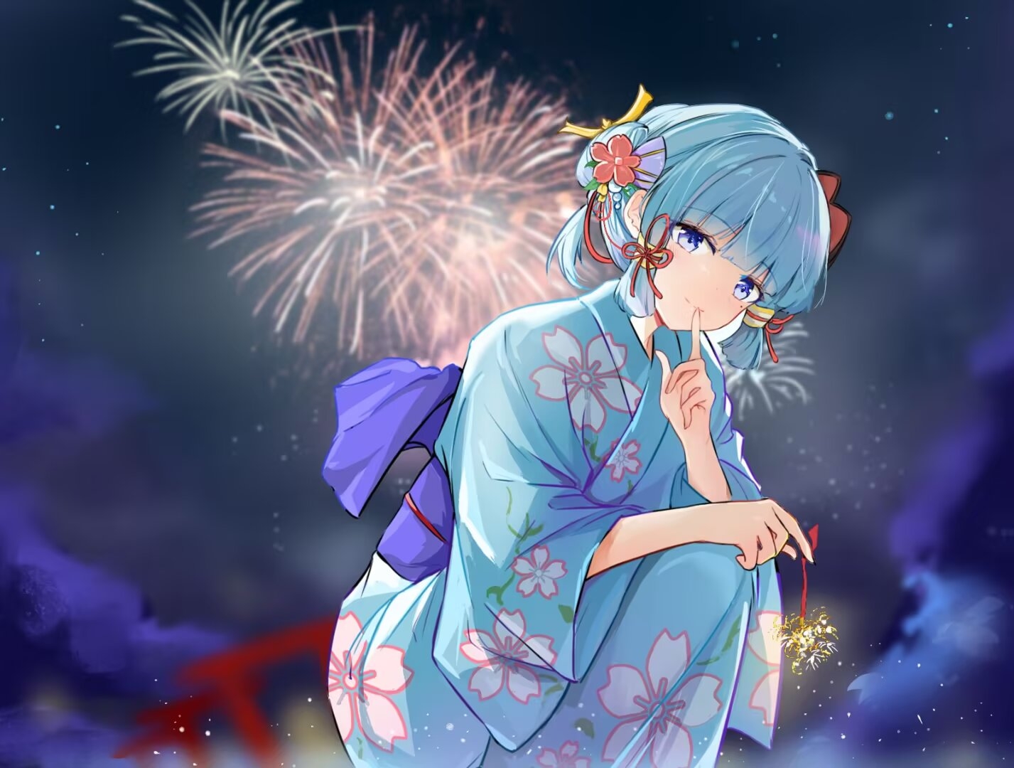 ayaka (genshin impact), genshin impact, 1girl, aerial fireworks, alternate costume, alternate hairstyle, blue eyes, blue kimono, blunt bangs, blurry, blurry background, cherry blossom print, fireworks, floral print, hair ornament, hakugyokurou no oojou-sama, holding, holding fireworks, index finger raised, japanese clothes, kimono, long sleeves, looking at viewer, mole, mole under eye, night, night sky, outdoors, sidelocks, sky, solo