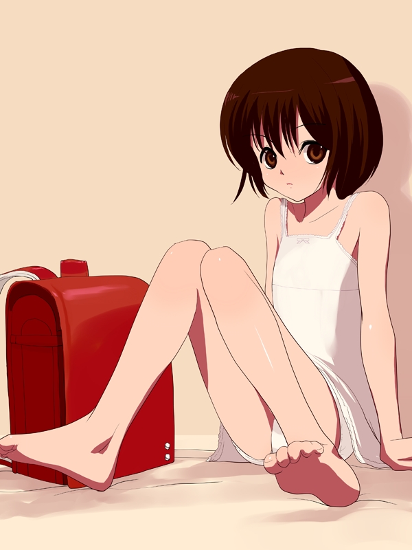 natori (natorism), original, backpack, bag, barefoot, brown eyes, brown hair, chemise, feet, panties, randoseru, school bag, short hair, sitting, solo, underwear