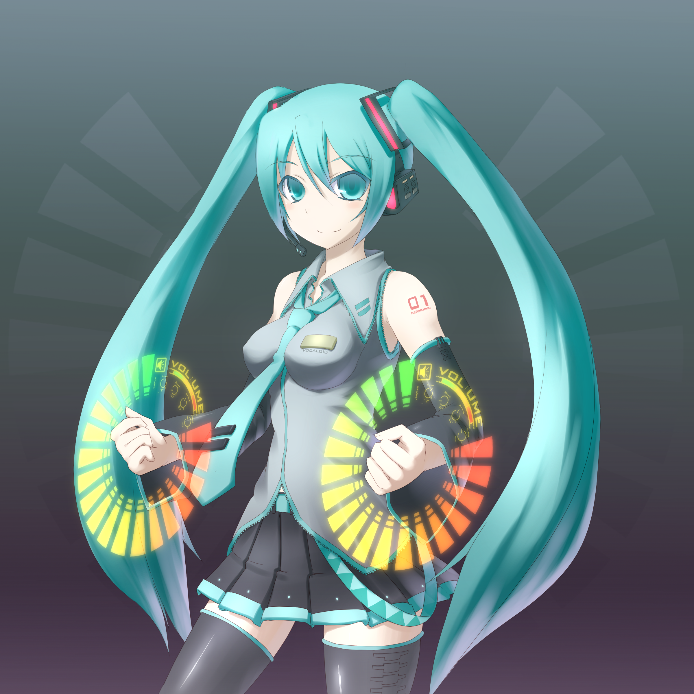 zenn, hatsune miku, vocaloid, absurdres, bad id, bad pixiv id, highres, aqua eyes, aqua hair, detached sleeves, long hair, necktie, skirt, solo, thighhighs, twintails, zettai ryouiki
