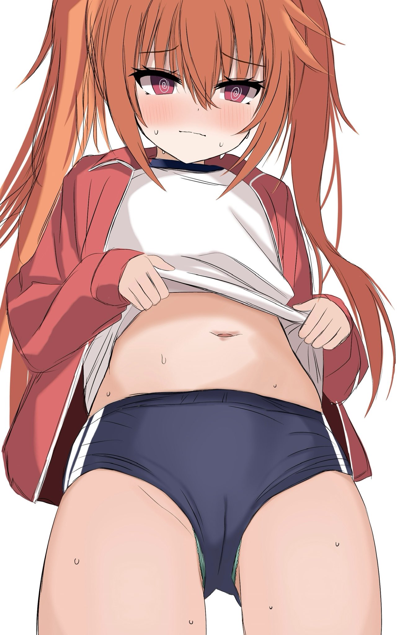 chinoha usagi, inaba meguru, sanoba witch, commentary, highres, 1girl, @ @, alternate costume, black buruma, blush, buruma, cameltoe, closed mouth, clothes lift, cowboy shot, embarrassed, eyelashes, eyes visible through hair, from below, furrowed brow, green panties, gym shirt, gym uniform, hair between eyes, jacket, lifting own clothes, long hair, looking at viewer, open clothes, open jacket, orange hair, panties, panty peek, presenting stomach, red eyes, red jacket, shirt, shirt lift, sidelocks, simple background, sleeves past wrists, solo, sweat, track jacket, tsurime, twintails, underwear, wavy mouth, white background, white shirt