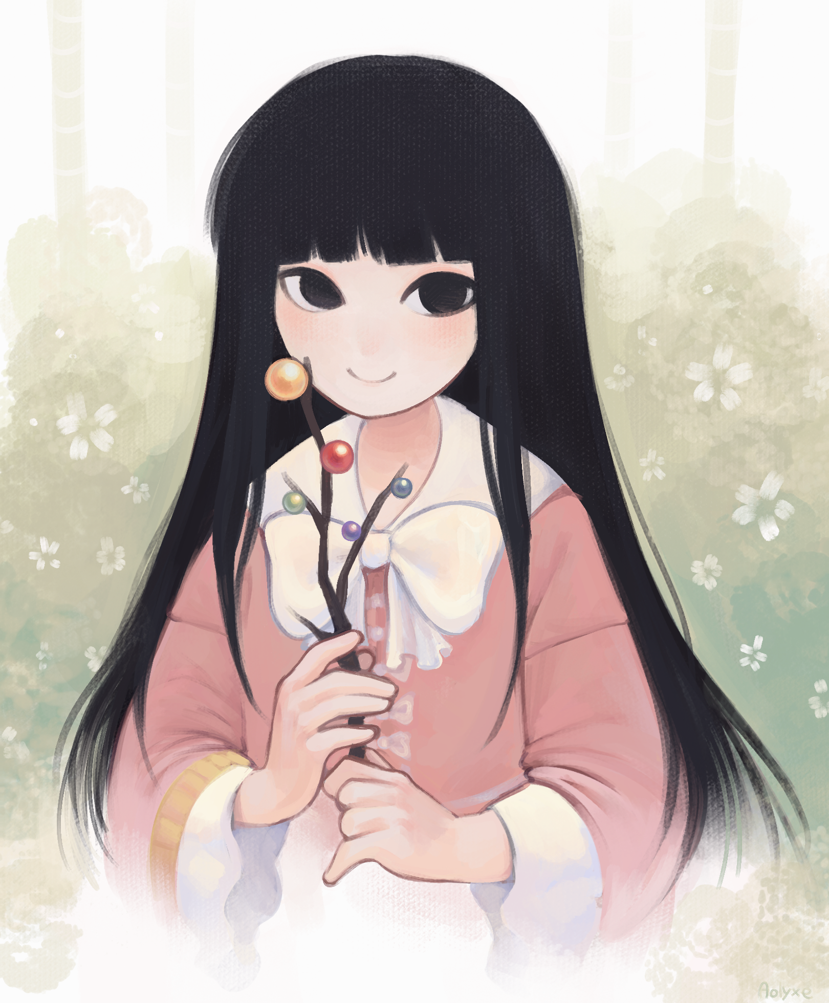 aolyxe, houraisan kaguya, touhou, commentary, english commentary, highres, 1girl, black eyes, black hair, bow, bowtie, branch, closed mouth, jeweled branch of hourai, long hair, long sleeves, looking at viewer, pink shirt, shirt, smile, solo, very long hair, white bow, white bowtie, wide sleeves