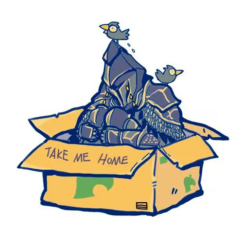 kanon (rsl), fume knight, dark souls (series), dark souls ii, commentary, lowres, 1boy, armor, bird, black armor, box, cardboard box, english text, for adoption, full body, gauntlets, helm, helmet, hugging own legs, in box, in container, male focus, pauldrons, shoulder armor, simple background, sitting, solo, white background