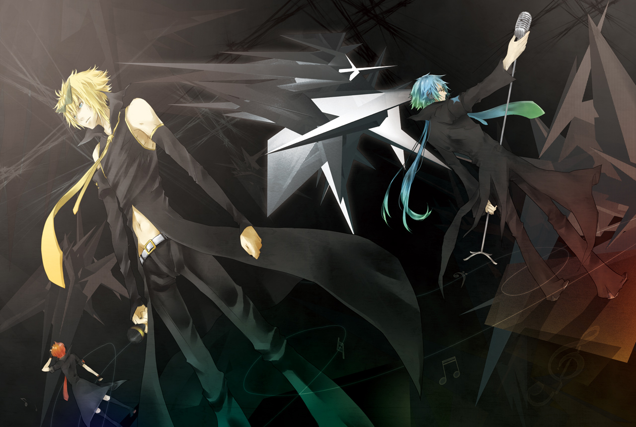 reika (artist), reika (clovia studio), akaito, kagamine len, kaito (vocaloid), kikaito, vocaloid, bad id, bad pixiv id, 3boys, blonde hair, blue eyes, blue hair, glasses, male focus, microphone, microphone stand, multiple boys