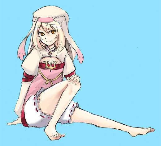 alice (tales), tales of (series), tales of symphonia, tales of symphonia: dawn of the new world, 00s, 1girl, aqua background, barefoot, bloomers, female focus, smile, solo, toes, underwear, white bloomers, white hair, yellow eyes