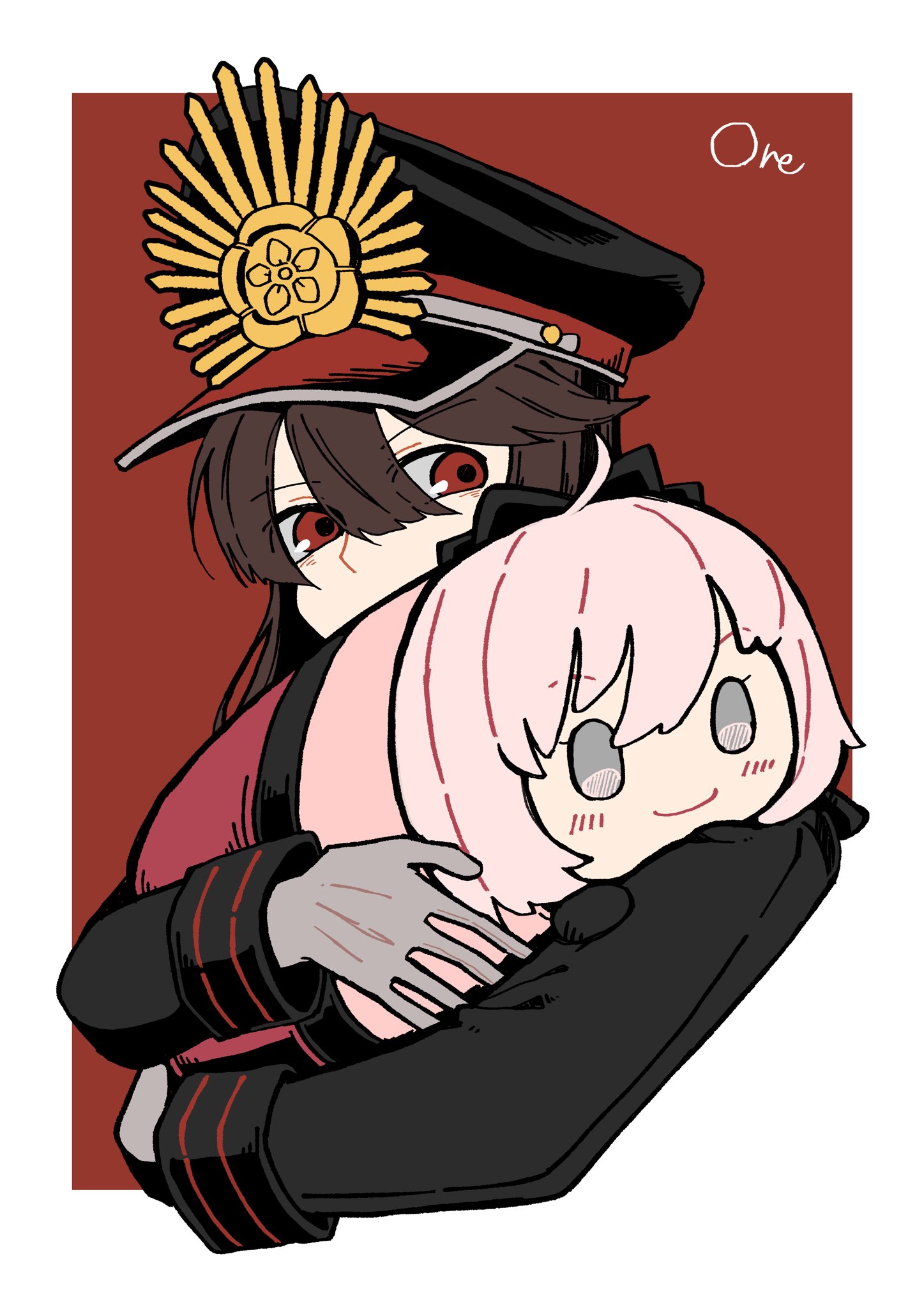 goma1021, oda nobunaga (fate), oda nobunaga (koha-ace), okita souji (fate), okita souji (koha-ace), fate/grand order, fate (series), koha-ace, commentary request, highres, 1girl, black hair, black hat, black jacket, border, character doll, doll, gloves, grey gloves, hair between eyes, hat, hugging object, jacket, long hair, looking at viewer, military hat, military uniform, outside border, red background, red eyes, signature, simple background, solo, white border