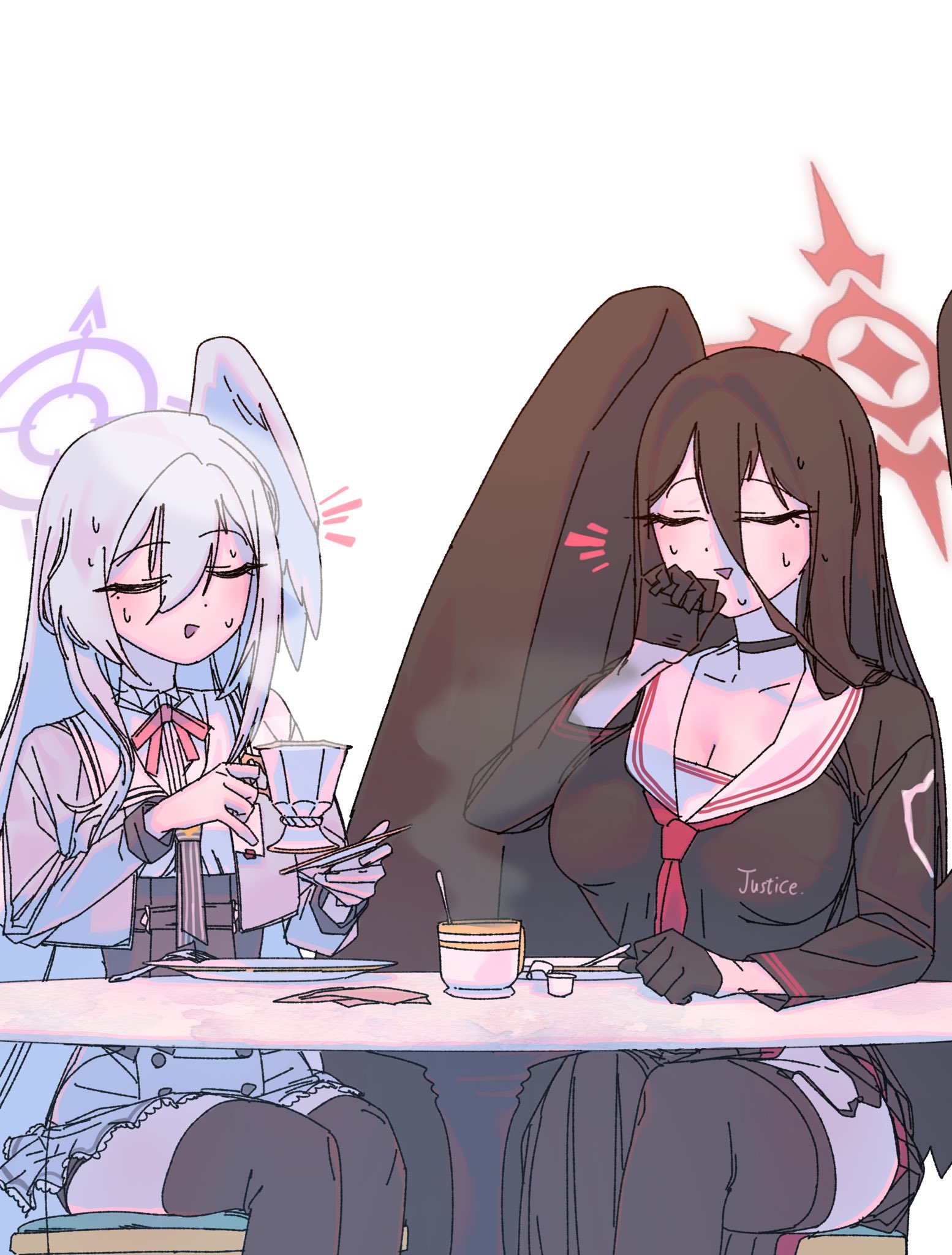 pararilla, hasumi (blue archive), suzumi (blue archive), blue archive, commentary, highres, korean commentary, 2girls, black choker, black gloves, black hair, black shirt, black thighhighs, black wings, breasts, choker, cleavage, closed eyes, collarbone, cup, feathered wings, feet out of frame, gloves, grey hair, grey jacket, hair between eyes, halo, holding, holding cup, jacket, large breasts, long hair, long hair between eyes, mole, mole under eye, multiple girls, neck ribbon, neckerchief, red neckerchief, red ribbon, ribbon, school uniform, serafuku, shirt, simple background, single wing, sitting, steam, straight hair, sweat, thighhighs, very long hair, white background, white wings, wings