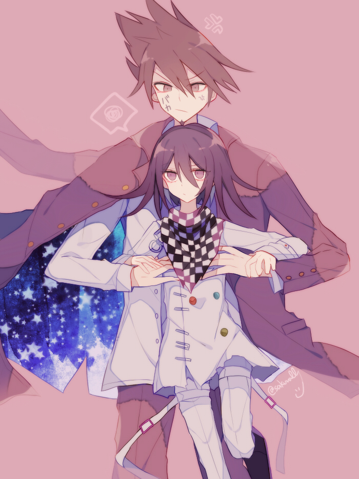 sakura (fein5862817), momota kaito, oma kokichi, danganronpa (series), danganronpa v3: killing harmony, 2boys, anger vein, annoyed, arm belt, belt, belt buckle, black scarf, black shoes, blue coat, buckle, buttons, chain, checkered clothes, checkered scarf, closed mouth, coat, coat partially removed, collared coat, cowboy shot, double-breasted, downturned eyes, drawing on another's face, dress pants, dress shoes, facial hair, foot out of frame, frown, goatee, gold buttons, hair between eyes, height difference, jacket, lapels, layered sleeves, lifting person, light frown, long hair between eyes, looking ahead, looking at another, multicolored buttons, multiple belts, multiple boys, notched lapels, open belt, open clothes, open jacket, pants, purple background, purple coat, purple hair, purple pants, scarf, shoes, short hair, simple background, sleeve cuffs, speech bubble, spiked hair, spoken squiggle, squiggle, star (symbol), star print, thigh belt, thigh strap, torn clothes, torn jacket, twitter username, two-sided coat, two-sided fabric, two-tone scarf, unamused, v-shaped eyebrows, white belt, white jacket, white pants, white scarf