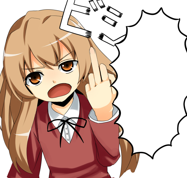 roas, aisaka taiga, toradora!, bad id, bad pixiv id, 00s, blank speech bubble, brown eyes, brown hair, flat chest, long hair, middle finger, school uniform, solo, speech bubble, very long hair