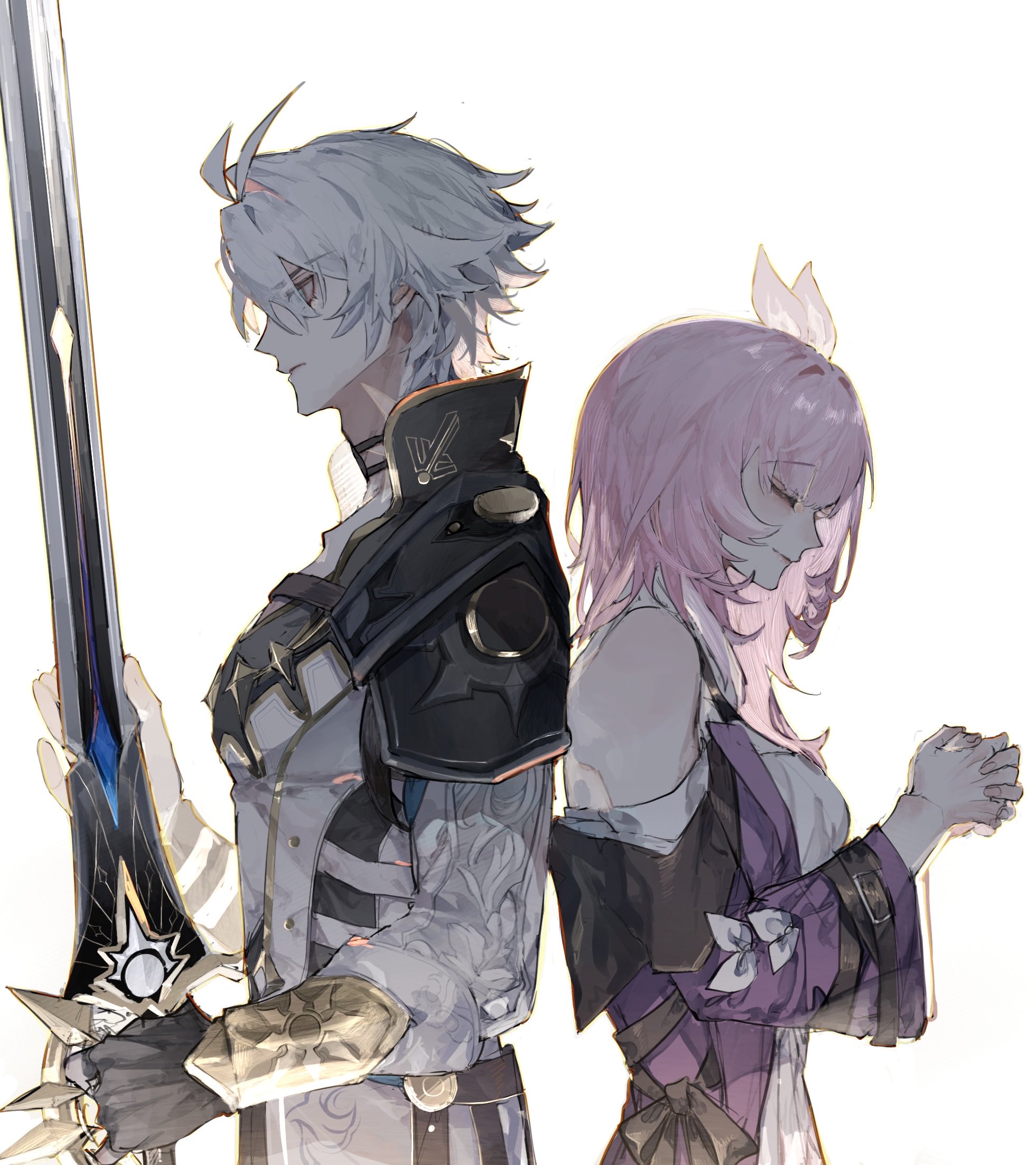 sunset 1830, cyrene (honkai: star rail), phainon (honkai: star rail), honkai: star rail, honkai (series), commentary request, highres, 1boy, 1girl, ahoge, black gloves, breasts, closed eyes, coat, corset, cyrene (aedes elysiae) (honkai: star rail), fingerless gloves, gloves, holding, holding sword, holding weapon, medium breasts, multicolored hair, own hands together, pink hair, purple coat, short hair, simple background, sword, two-tone hair, weapon, white background, white corset, white hair
