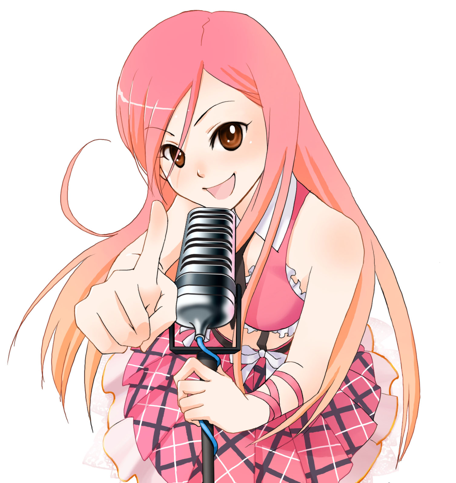 vuipui, lucia, lucia (pangya), pangya, highres, 1girl, brown eyes, dress, female focus, gradient hair, long hair, microphone, microphone stand, multicolored hair, pink hair, solo