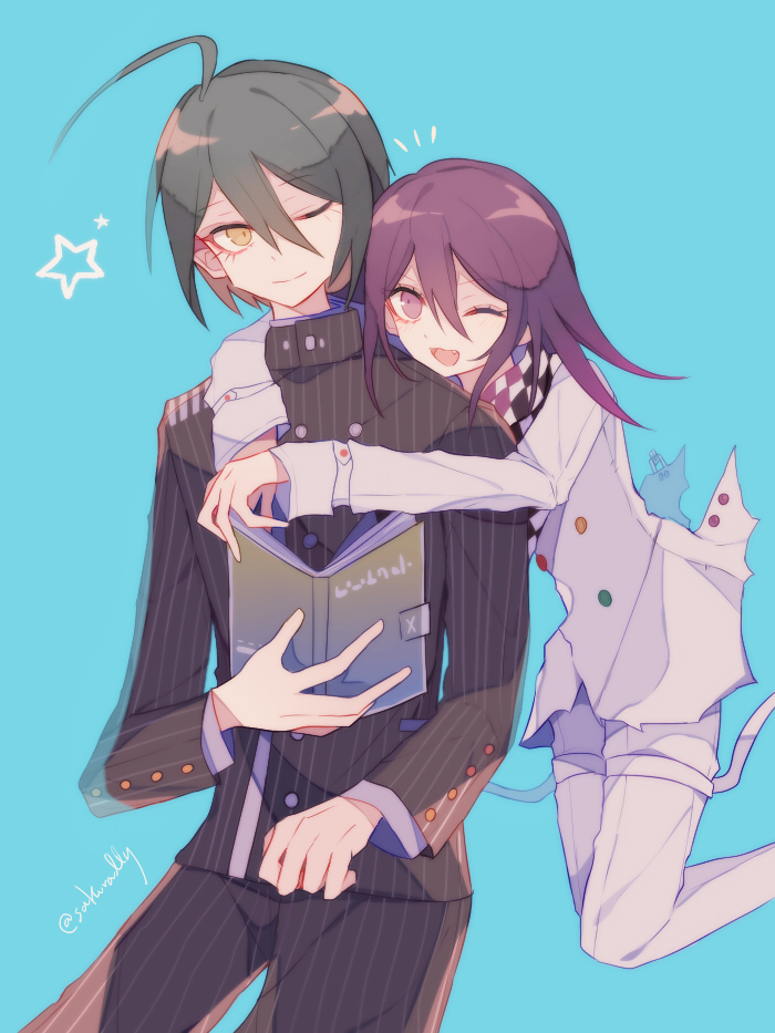 sakura (fein5862817), oma kokichi, saihara shuichi, danganronpa (series), danganronpa v3: killing harmony, commentary request, 2boys, aegyo sal, ahoge, arms around neck, belt, black jacket, black pants, black scarf, blue background, book, buttons, checkered clothes, checkered scarf, closed mouth, coattails, collared jacket, dot nose, double-breasted, dress pants, fang, feet out of frame, floating clothes, gold buttons, grey hair, hair between eyes, happy, head on another's shoulder, height difference, high collar, holding, holding book, jacket, jumping, layered sleeves, long eyelashes, long hair between eyes, long sleeves, looking at viewer, male focus, multicolored buttons, multiple belts, multiple boys, notice lines, one eye closed, open belt, open book, open mouth, pants, pinstripe jacket, pinstripe pants, pinstripe pattern, pocket, purple eyes, purple hair, reading, scarf, short hair, simple background, smile, standing, star (symbol), thigh belt, thigh strap, twitter username, two-tone scarf, white belt, white jacket, white pants, white scarf, wrist belt, yellow eyes
