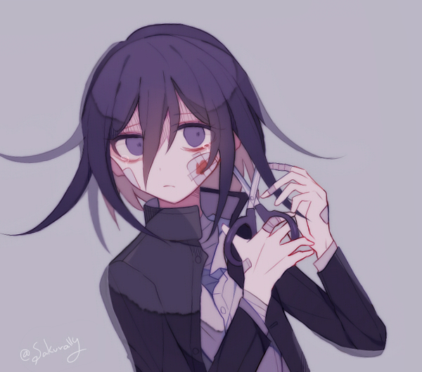 sakura (fein5862817), oma kokichi, danganronpa (series), danganronpa v3: killing harmony, commentary request, 1boy, bags under eyes, bandaged chest, bandaged fingers, bandaged wrist, bandages, bandaid, bandaid on cheek, bandaid on face, bandaid on finger, bandaid on hand, black jacket, blood, closed mouth, collared jacket, cutting hair, cutting own hair, dot nose, dress shirt, frown, gakuran, grey background, hair between eyes, high collar, holding, holding scissors, jacket, layered sleeves, long hair between eyes, long sleeves, male focus, medium hair, official alternate costume, open clothes, open jacket, partially unbuttoned, purple hair, sad, school uniform, scissors, shirt, simple background, solo, tearing up, twitter username, upper body, white shirt