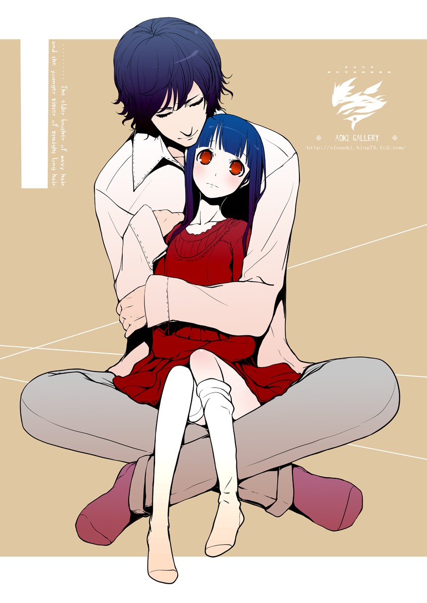 aoki shin, original, bad id, bad pixiv id, highres, 1boy, 1girl, age regression, aged down, blue hair, feet, hetero, hug, hug from behind, long hair, loose thighhigh, orange eyes, oversized clothes, red eyes, sitting, sitting on lap, sitting on person, size difference, socks, sweater, thighhighs