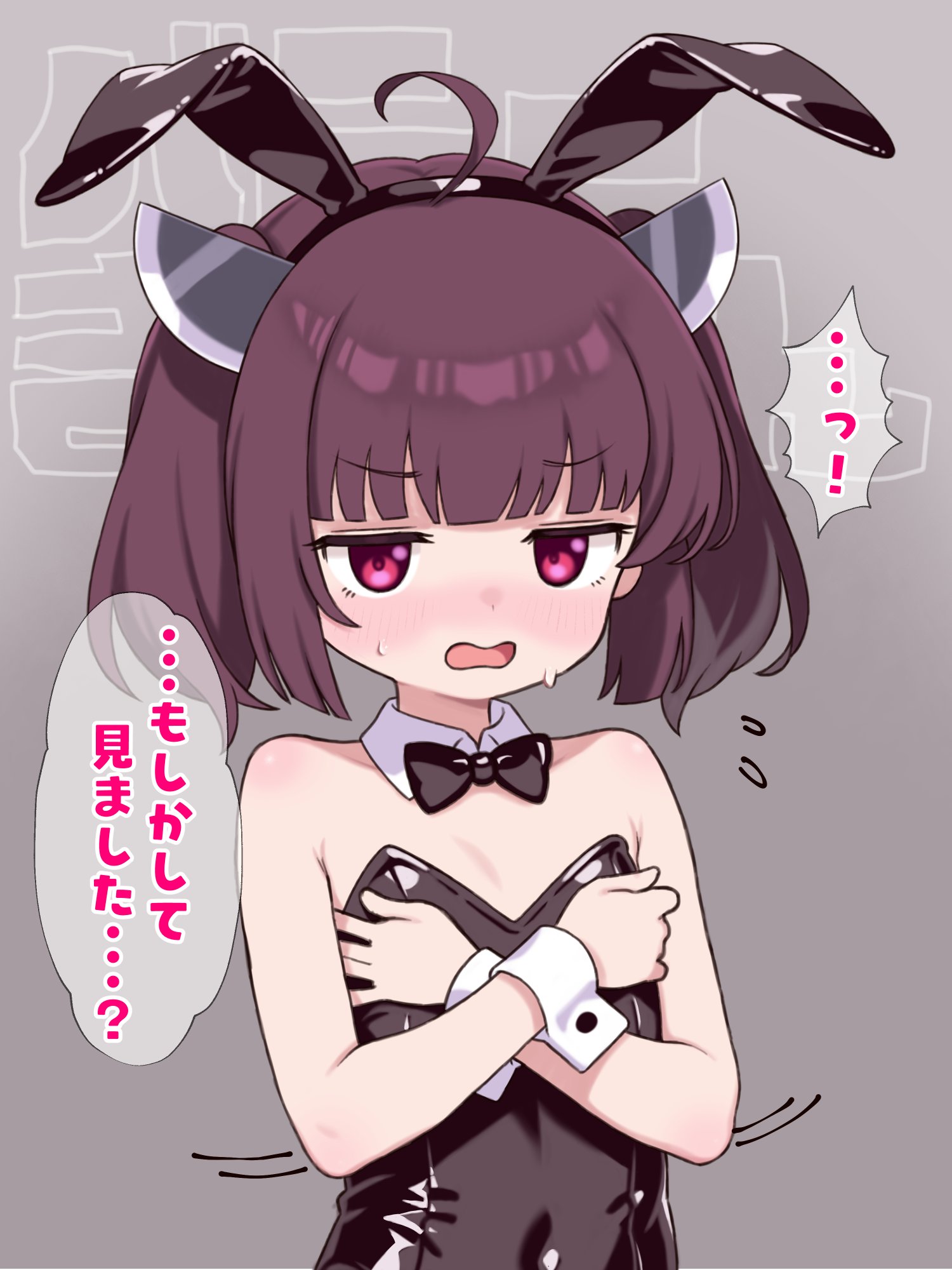 nattocurryumeee, touhoku kiritan, voiceroid, highres, 1girl, ahoge, animal ears, armpit crease, arms up, bare shoulders, black bow, blush, bow, breasts, clothing cutout, collar, covering breasts, covering privates, detached sleeves, dot nose, embarrassed, flat chest, grey background, hair intakes, headgear, jitome, light blush, navel, navel cutout, nose blush, playboy bunny, rabbit ears, red eyes, short hair, simple background, single sidelock, small breasts, solo, speech bubble, swaying, sweatdrop, thought bubble, two side up, upper body, v-shaped eyebrows, wavy mouth, white collar, white wrist cuffs, wrist cuffs