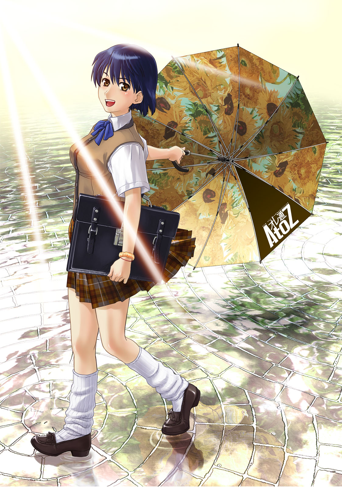 tooo, original, bad id, bad pixiv id, highres, bag, blue hair, blush, brown eyes, legs, light rays, loose socks, ripples, satchel, school bag, school uniform, short hair, skirt, socks, solo, sunbeam, sunlight, umbrella, water