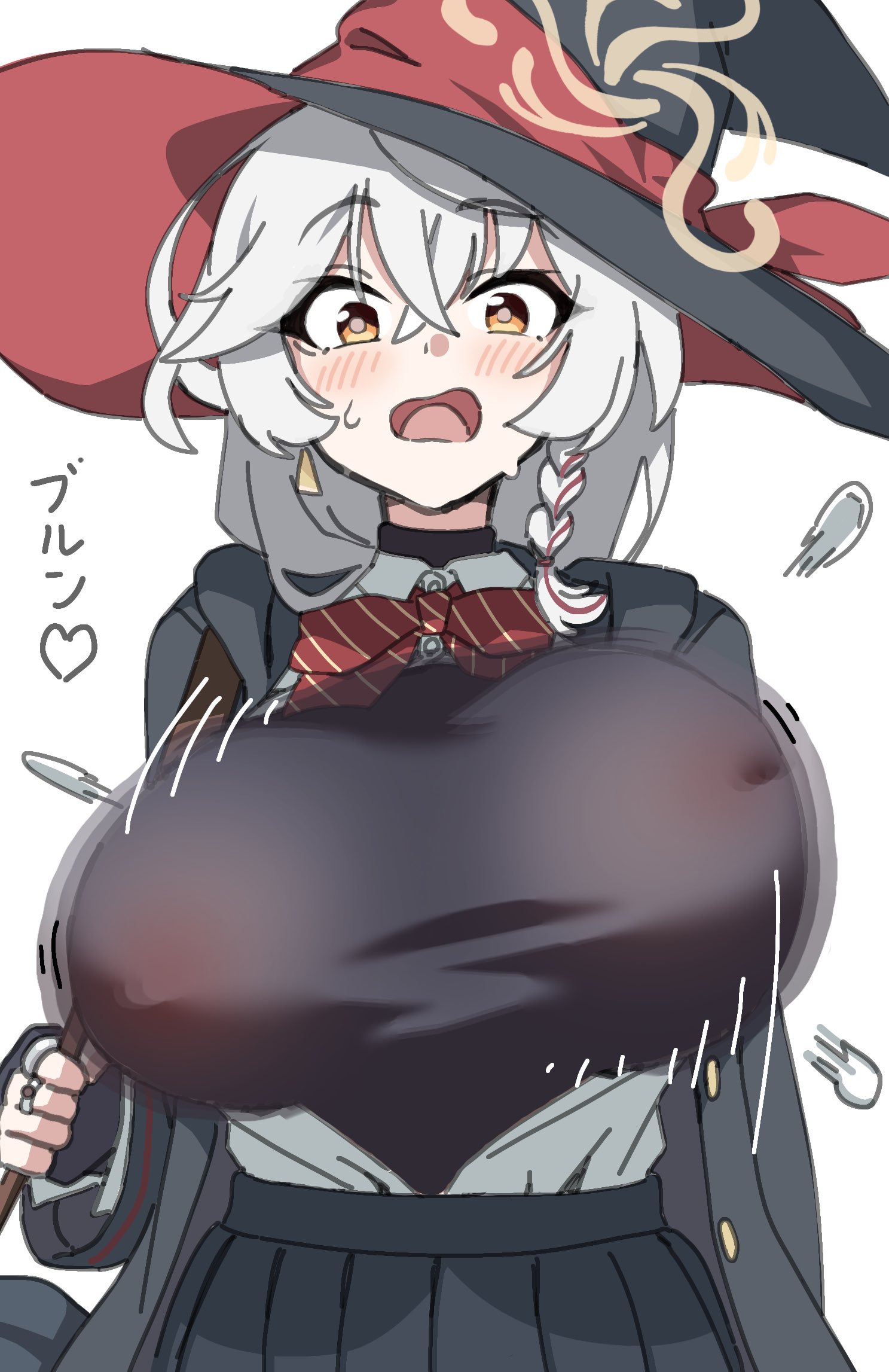oinari (koheihei1109), eri (blue archive), blue archive, highres, 1girl, black hat, black shirt, black skirt, blush, bow, bowtie, braid, breasts, covered erect nipples, flying button, hair between eyes, halo, hat, large breasts, long hair, open mouth, popped button, red bow, red bowtie, shirt, side braid, simple background, skirt, solo, upper body, white background, white hair, witch hat, yellow eyes, yellow halo