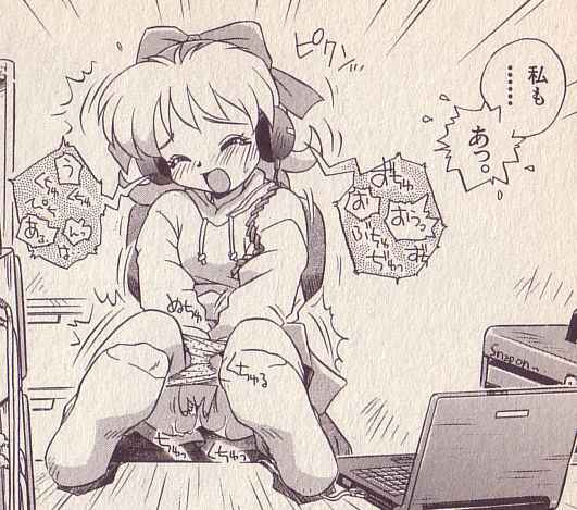 jpeg artifacts, source request, blush, bow, chair, closed eyes, computer, computer keyboard, female masturbation, hair bow, headphones, hood, hoodie, laptop, loli, masturbation, monochrome, open mouth, panties, panty pull, socks, solo, underwear