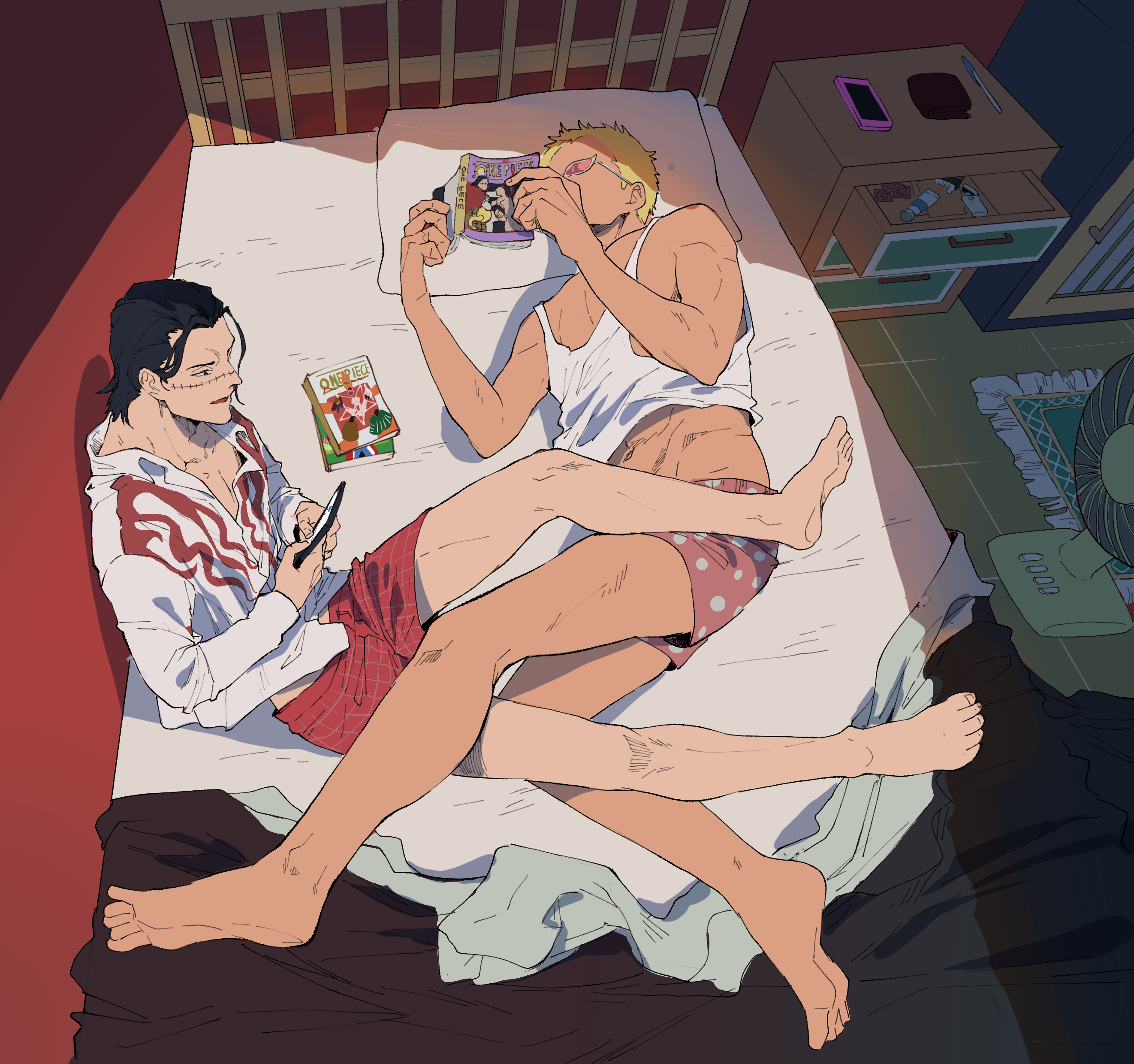 ngumngim, crocodile (one piece), donquixote doflamingo, one piece, absurdres, highres, barefoot, blonde hair, cellphone, cigarette pack, condom, contemporary, electric fan, indoors, lighter, lotion, lying, male focus, manga (object), mature male, midriff peek, on bed, on side, pen, phone, reading, red shorts, rug, shelf, shorts, smartphone, tank top, tinted eyewear, toenails, white tank top