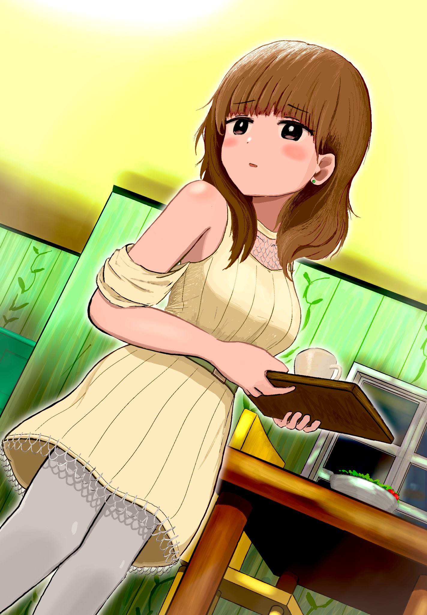 mseny xyz357, polly (omori), omori, highres, 1girl, bare arms, belt, black eyes, blush, brown hair, dress, jewelry, mature male, pantyhose, ribbed dress, smile, white pantyhose