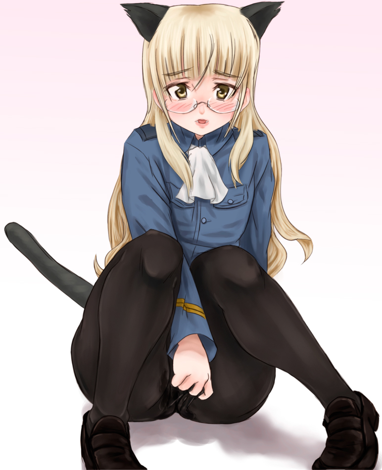 scharfschutze, perrine h. clostermann, strike witches, world witches series, 00s, 1girl, animal ears, blonde hair, blush, brown eyes, female focus, glasses, long hair, no panties, pantyhose, pussy juice, solo, tail