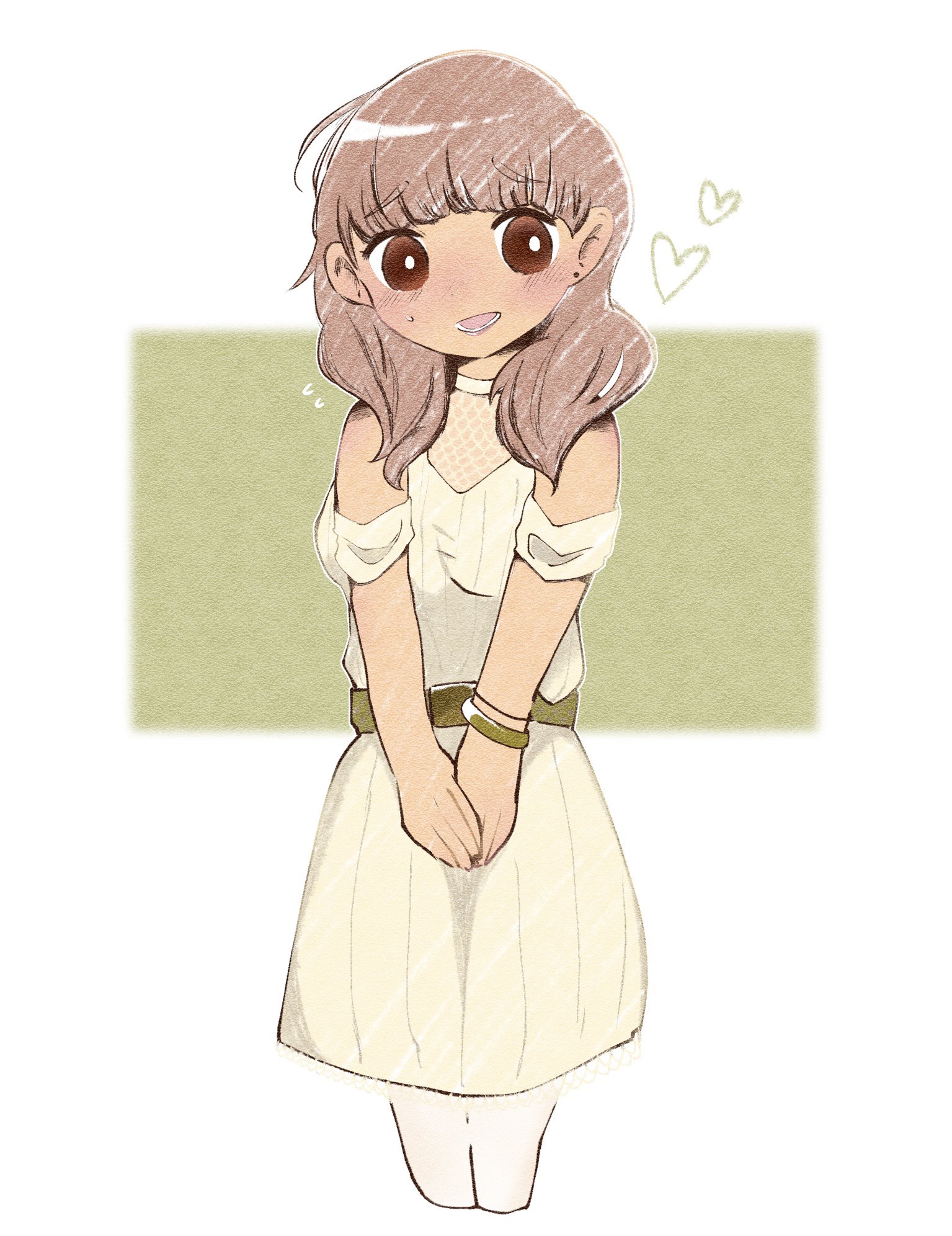 polly (omori), comic lo, omori, highres, 1girl, bare arms, belt, black eyes, blush, brown hair, dress, jewelry, mature male, pantyhose, ribbed dress, smile, white pantyhose