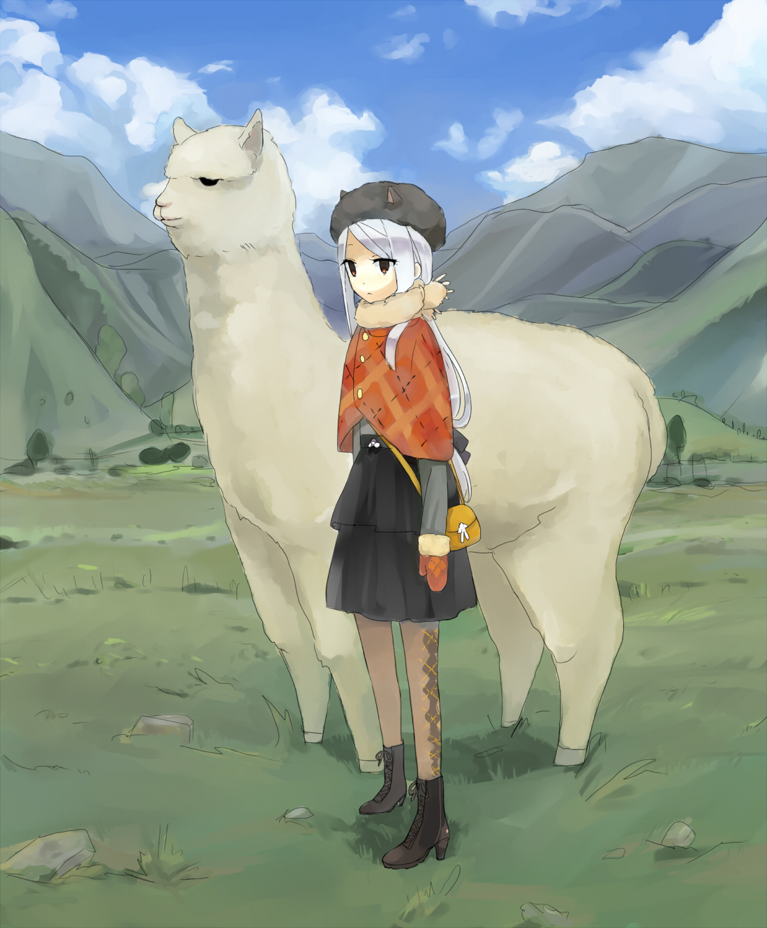 01 0219, highres, 1girl, alpaca, animal, animal ears, ankle boots, boots, cloud, day, expressionless, female focus, gloves, hat, high heel boots, high heels, lace-up boots, llama, long hair, meadow, mountain, outdoors, pantyhose, pouch, scarf, skirt, solo, white hair