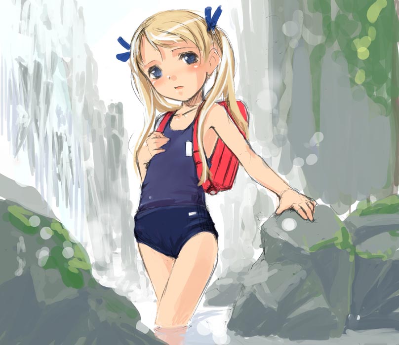 sody, original, sleeve, 1girl, backpack, bag, blonde hair, blue eyes, buruma, female focus, flat chest, loli, long hair, one-piece swimsuit, randoseru, school swimsuit, solo, swimsuit, twintails, water