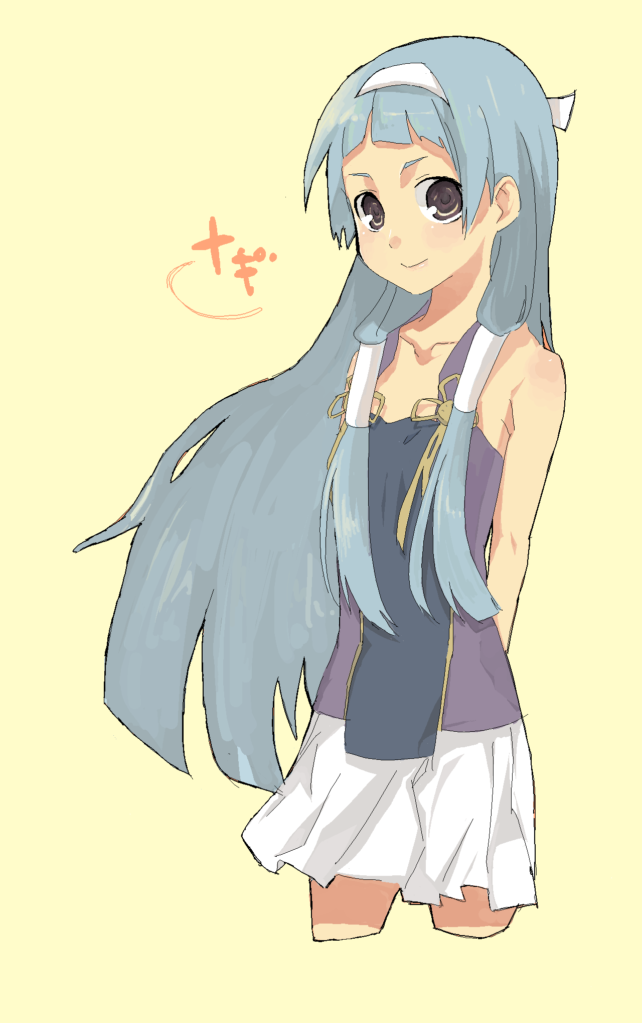 s ko, nagi, kannagi, highres, 00s, blue hair, blunt bangs, hair tubes, hairband, long hair, oekaki, pleated skirt, skirt, smile, solo, white skirt