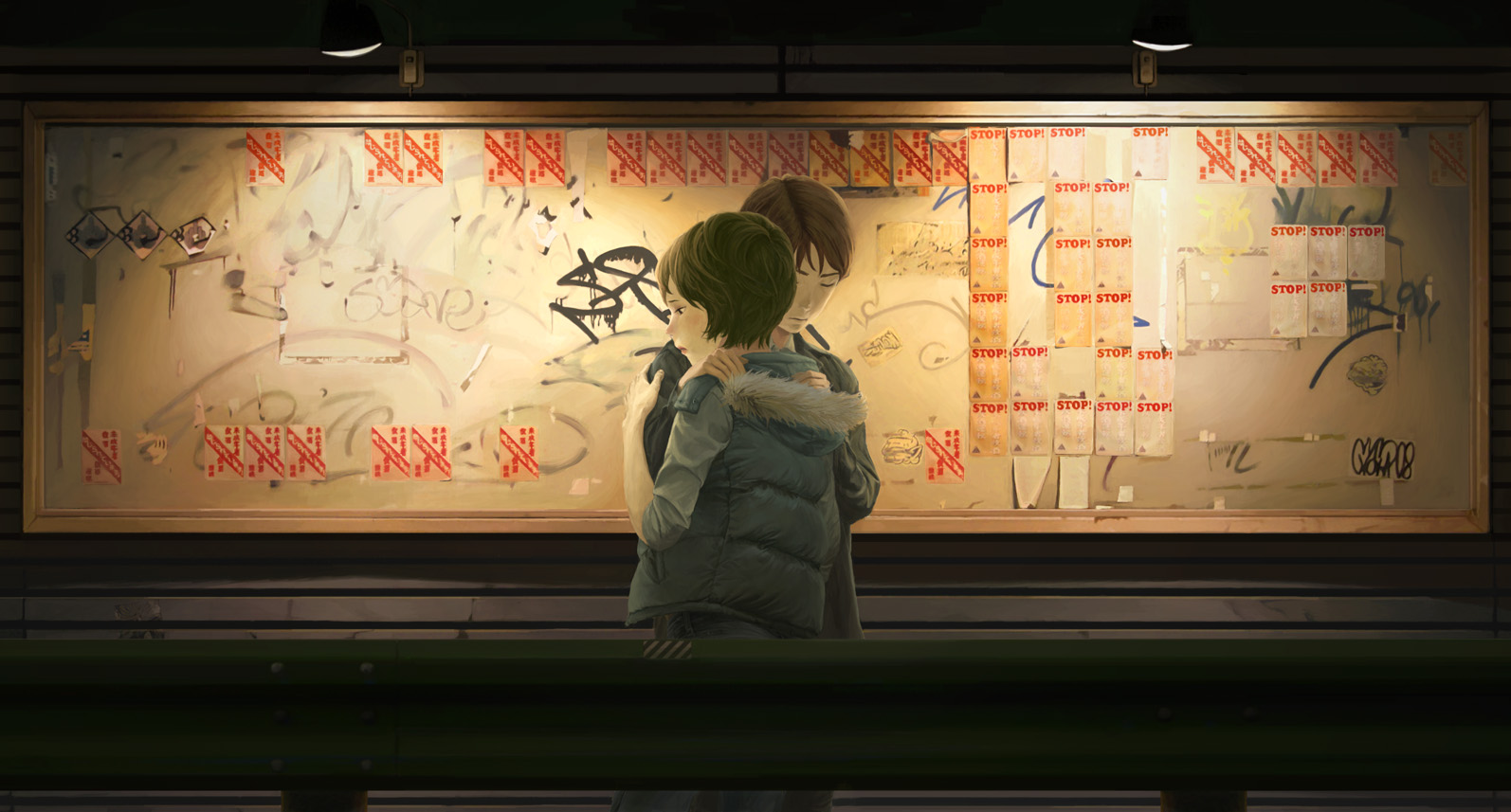 nababa, original, 1boy, 1girl, billboard, brown hair, city, couple, graffiti, hetero, hug, night, road, short hair, street