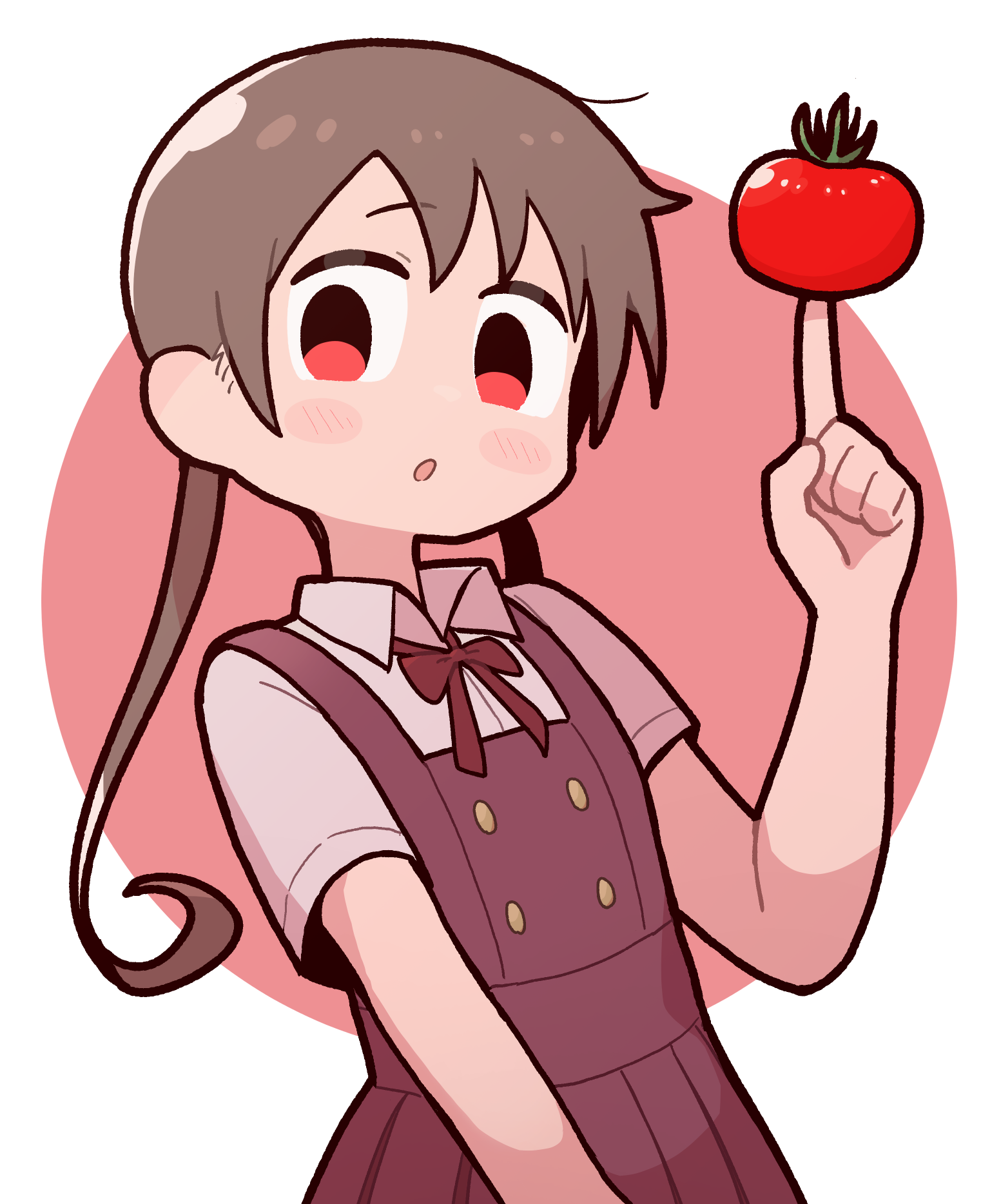 takurada, original, commentary request, highres, 1girl, balancing on finger, blush stickers, brown hair, collared shirt, dress, long hair, low twintails, neck ribbon, open mouth, pinafore dress, red eyes, ribbon, shirt, short sleeves, sleeveless, sleeveless dress, solo, tomato, twintails