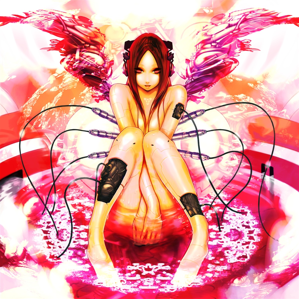 terumin, original, 1girl, android, cable, cyborg, female focus, long hair, nude, red eyes, red hair, solo