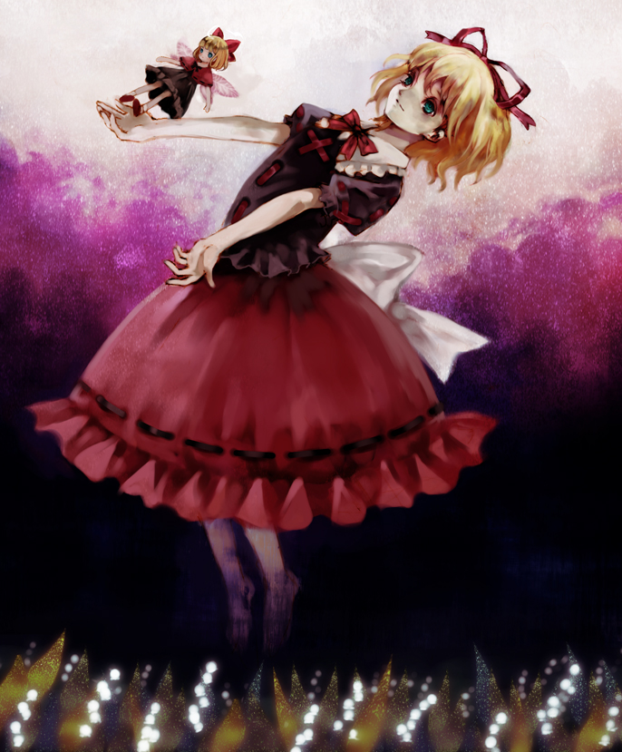 fukahire (ruinon), alice margatroid, medicine melancholy, su-san, touhou, bad id, bad pixiv id, 1girl, blonde hair, blue eyes, bubble skirt, doll, female focus, hair ribbon, ribbon, short hair, skirt, solo
