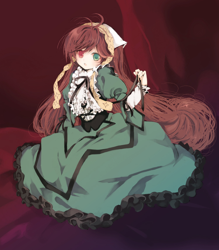 caterpillar (artist), shiratama shima, suiseiseki, rozen maiden, bad id, 00s, 1girl, brown hair, female focus, headscarf, heterochromia, long hair, solo, white headscarf